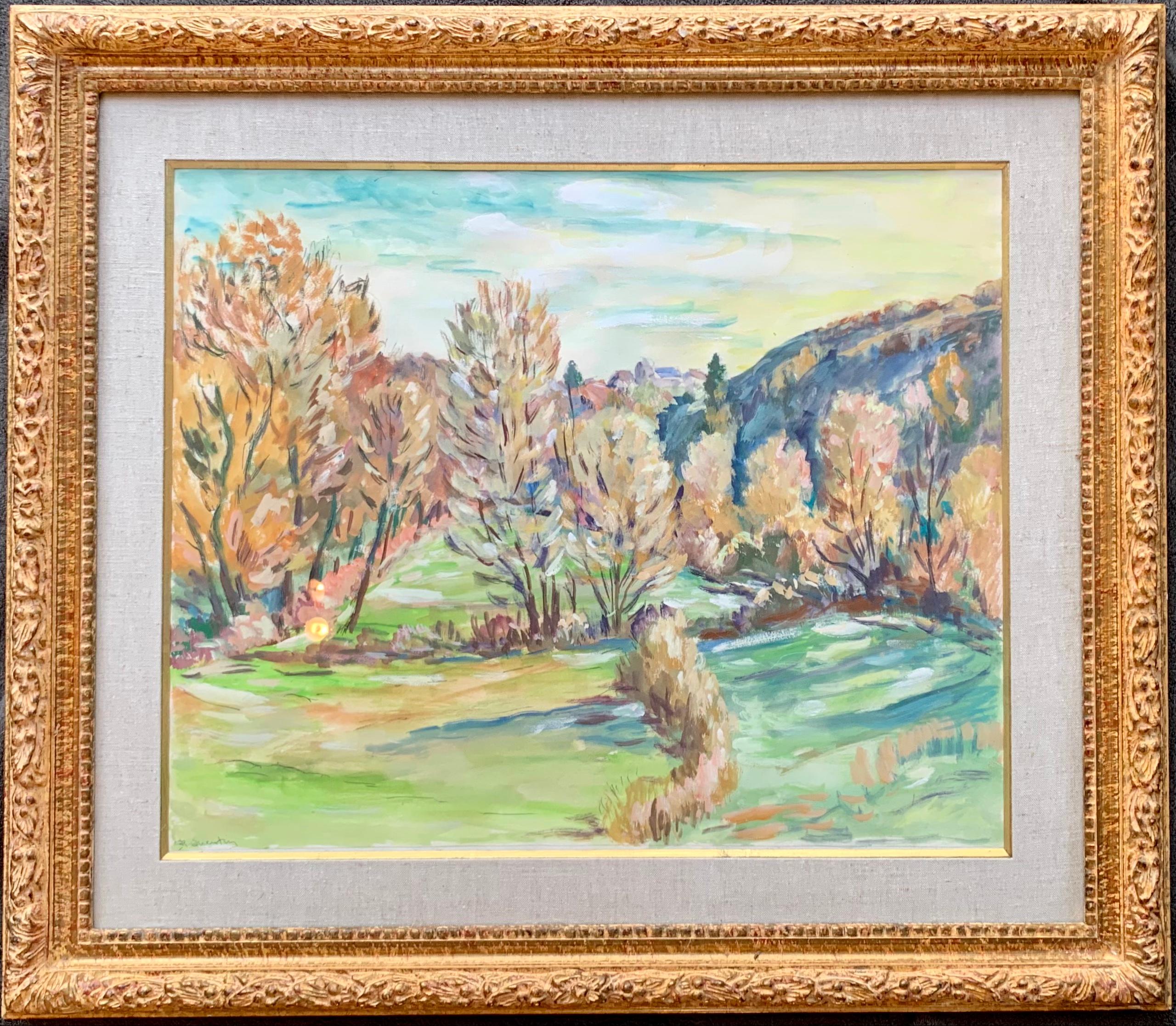 R. Quentin Landscape Painting - French 19th Century impressionist Landscape gouache - Nature Forest