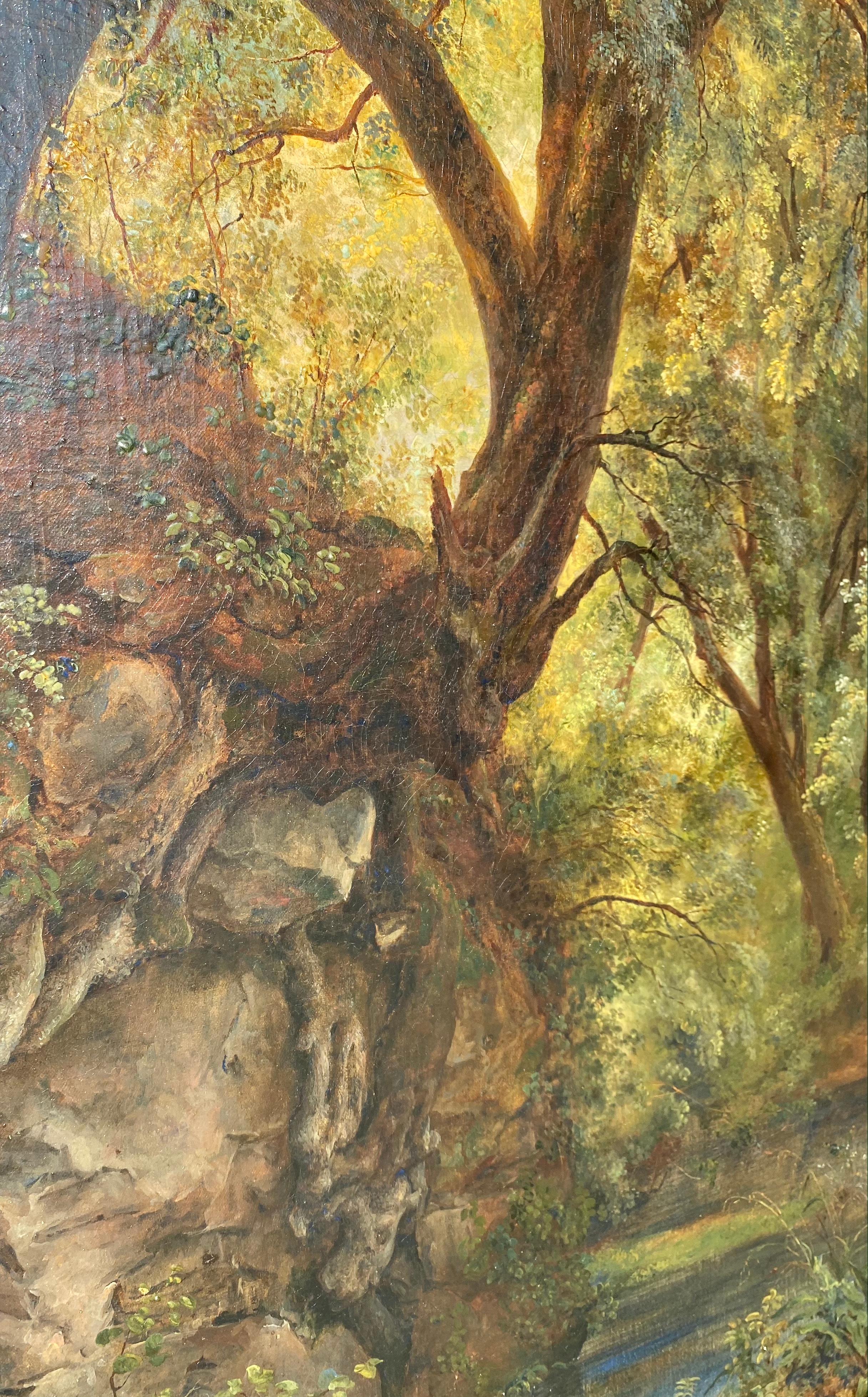 Large German romantic painting of a deer family in a forest. 

In a dense green forest a stag is carefully making its way to the blue water to scout the river bed, while his family are watching in the distance, waiting to see if all is safe for them