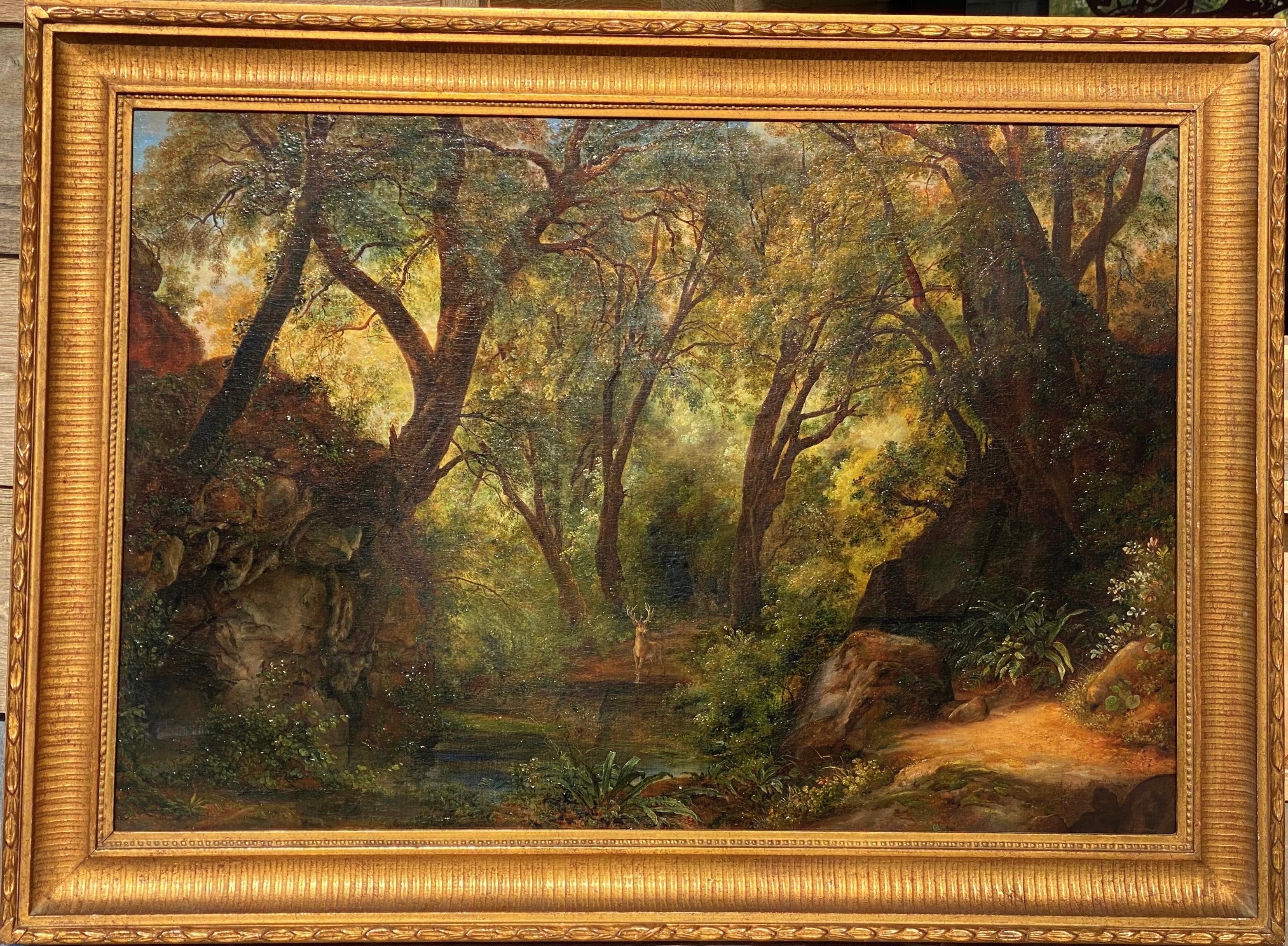 Johann Wilhelm Schirmer  Animal Painting - 19th century German painting - Deer family in a forest - Romantic Landscape 