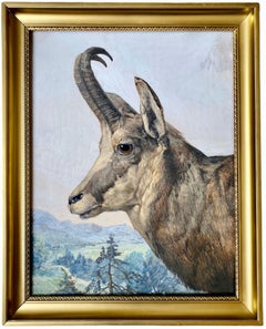 19th century French painting - Chamois in the mountains - Deer Landscape