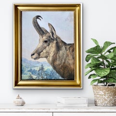 19th century French painting - Chamois in the mountains - Deer Landscape