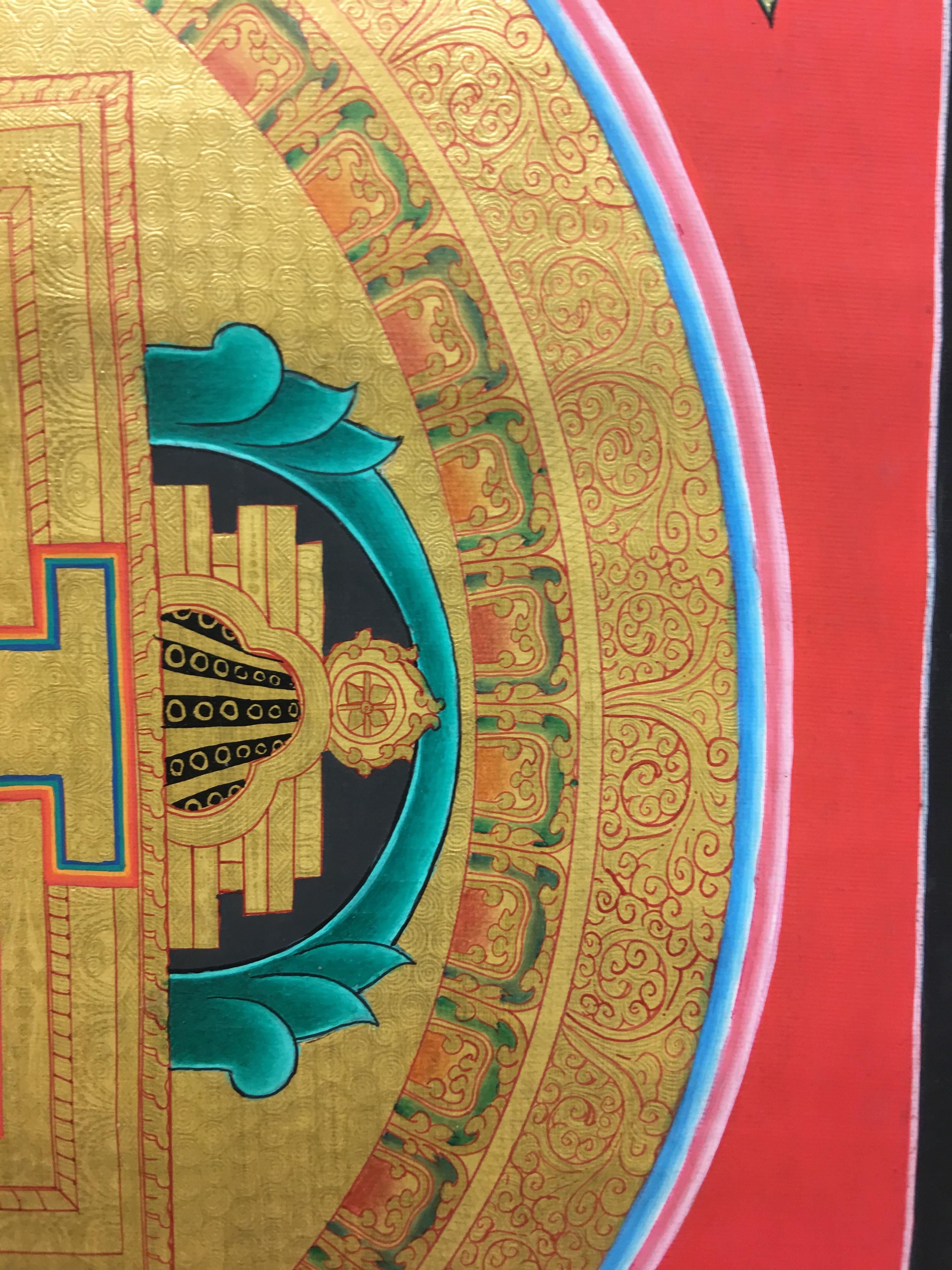 Gold Bajra Mandala Thangka is one of a kind 100% hand painted on canvas with center figurine of Green tara which is symbol of Posetive