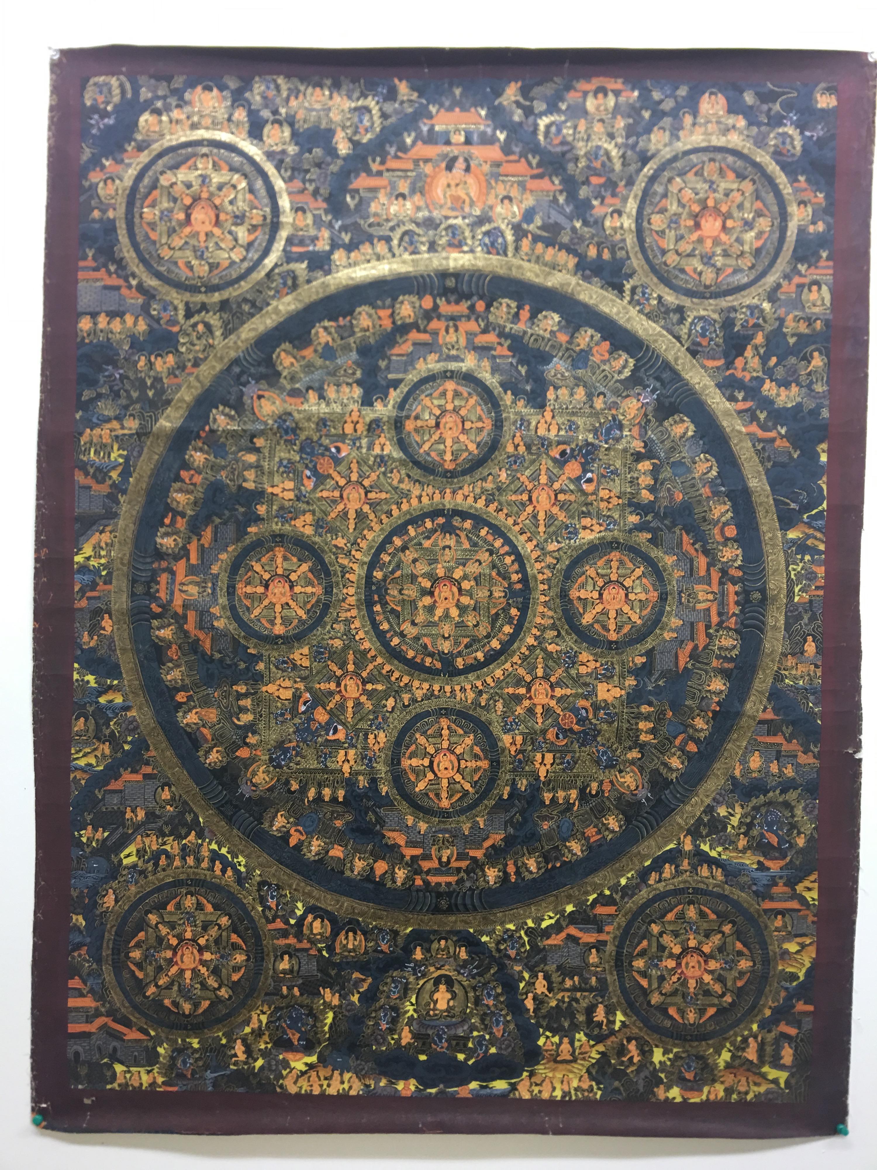 Dieci Mandala del XIX secolo, dipinti in oro 24 carati, Thangka su tela