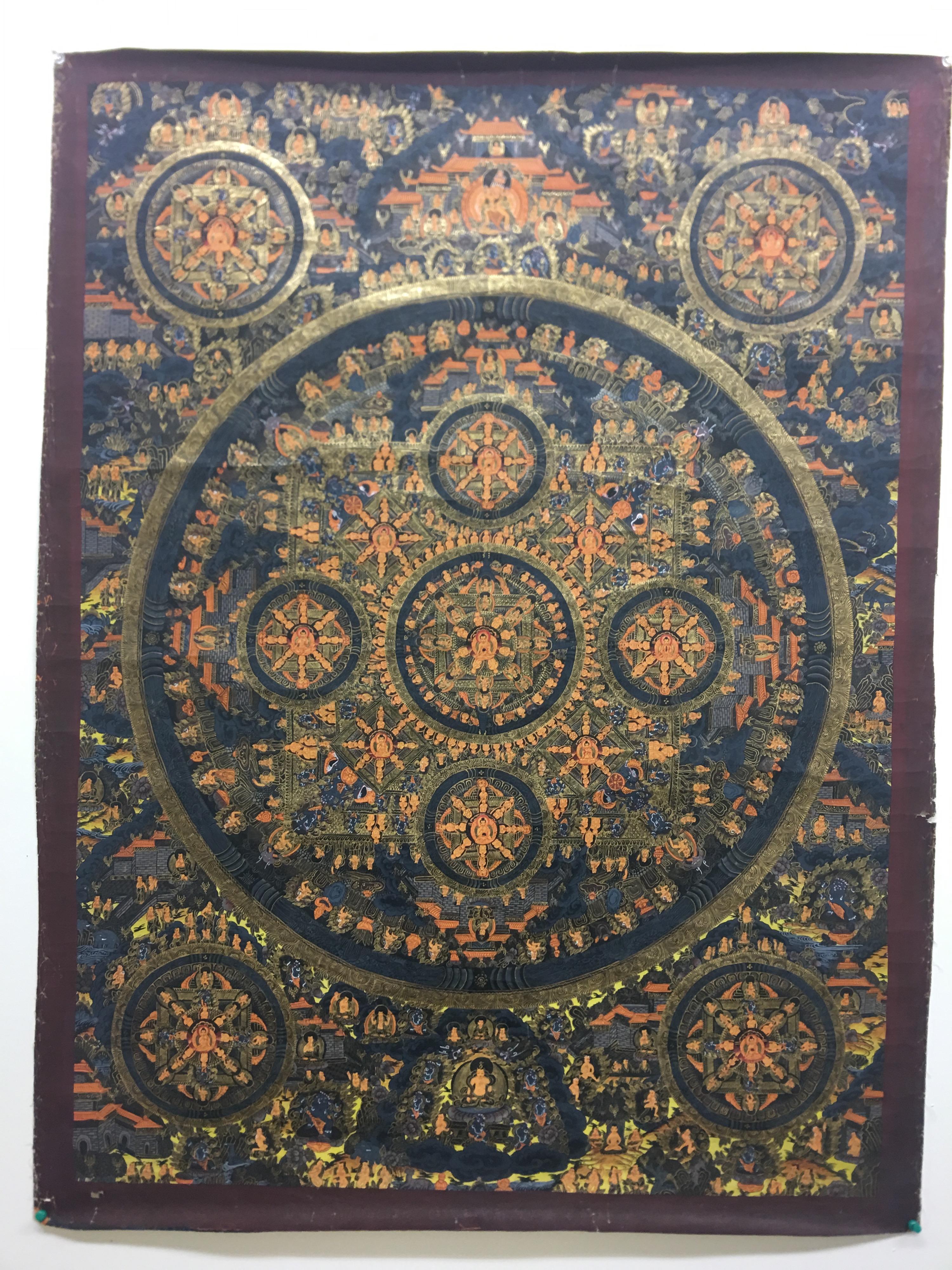 19th Century Ten Mandala 24 Carat Gold painted Thangka on canvas 