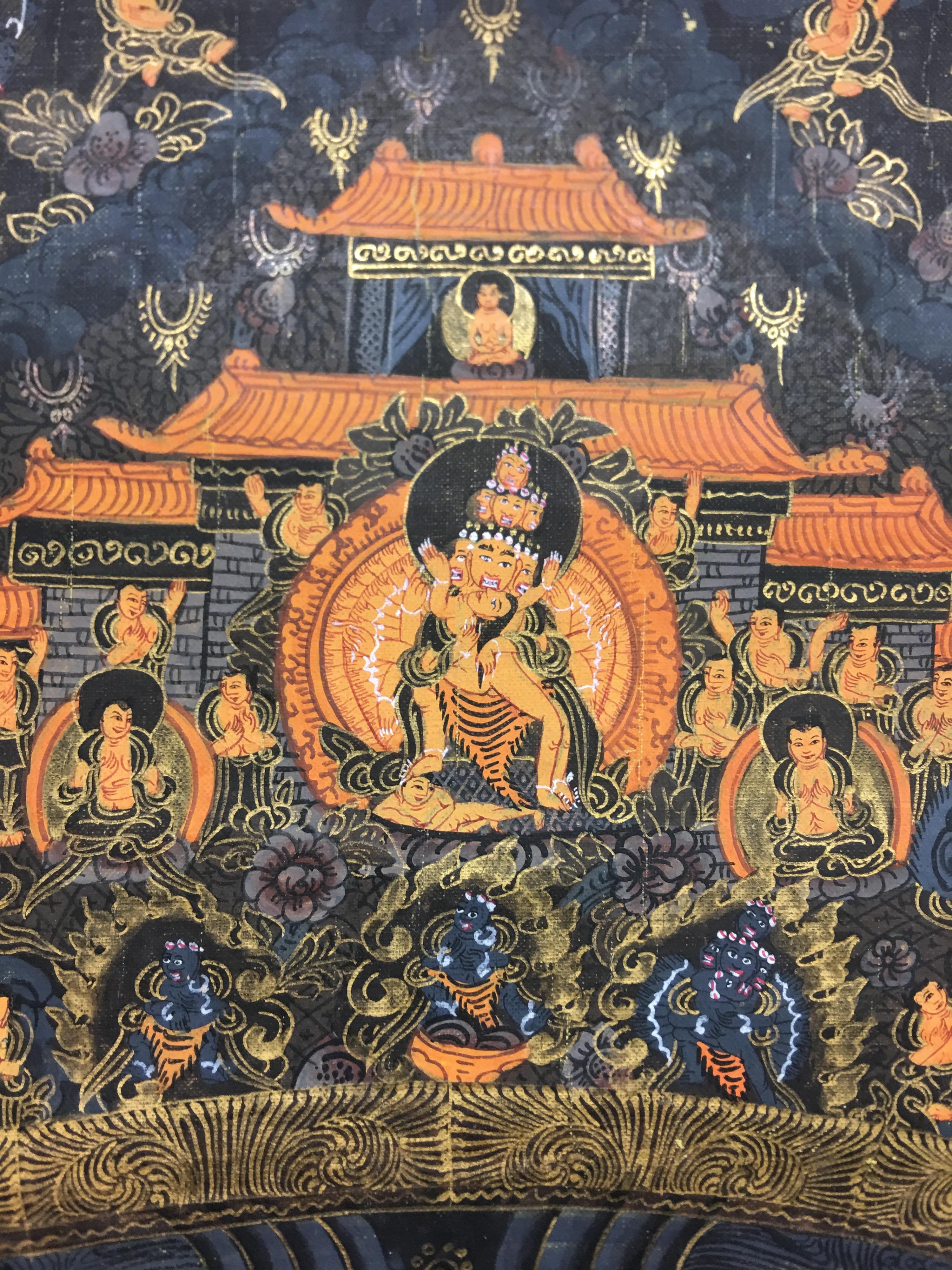 Ten Mandala 24 carat real gold painted on canvas is a one of a kind Thangka Painting. The thangka is ritual Buddhist Painting use to pray or Meditation purpose. Several steps are involved in the process of making a thangka involved canvas