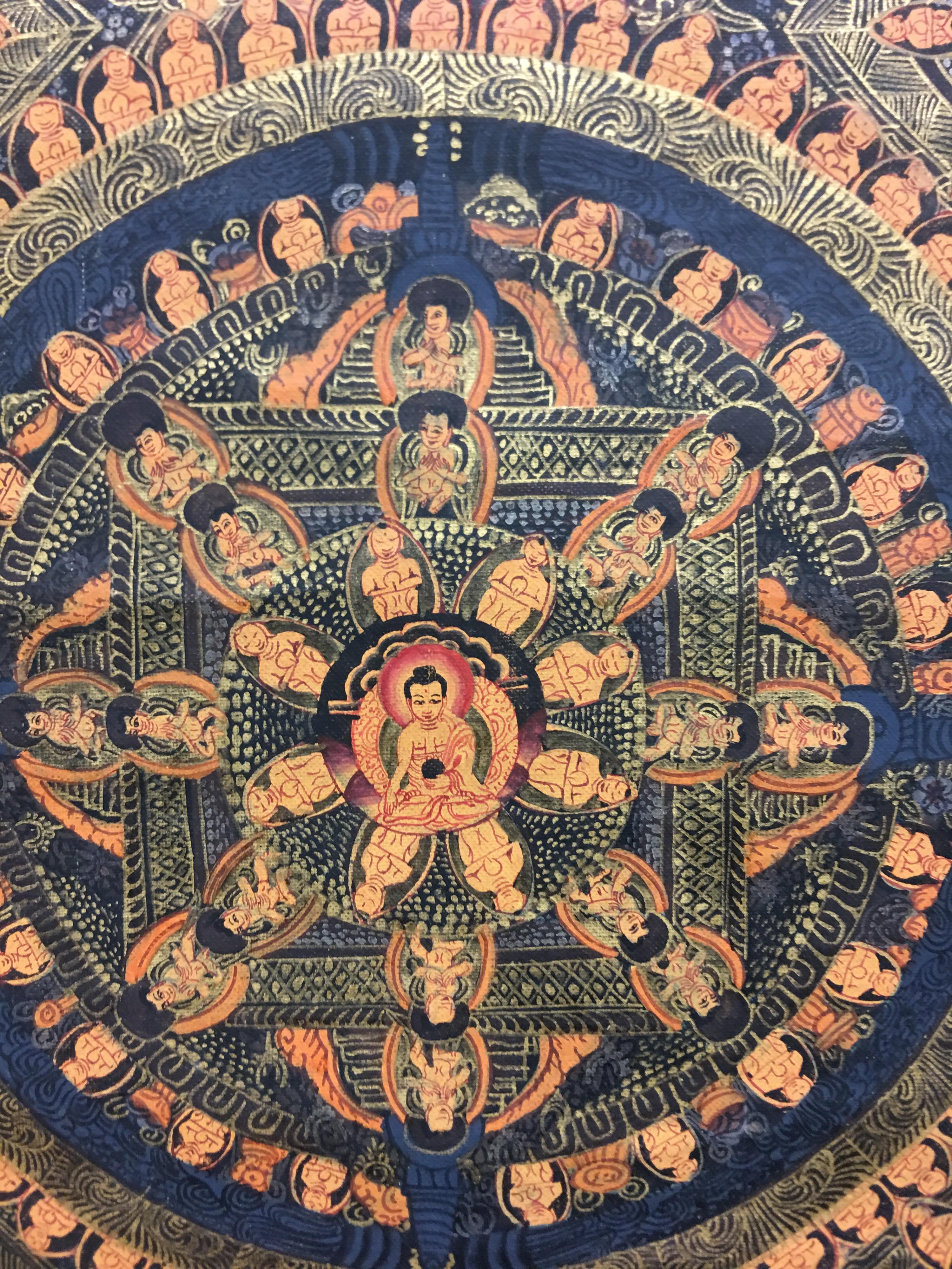 19th Century Ten Mandala 24 Carat Gold painted Thangka on canvas  For Sale 5