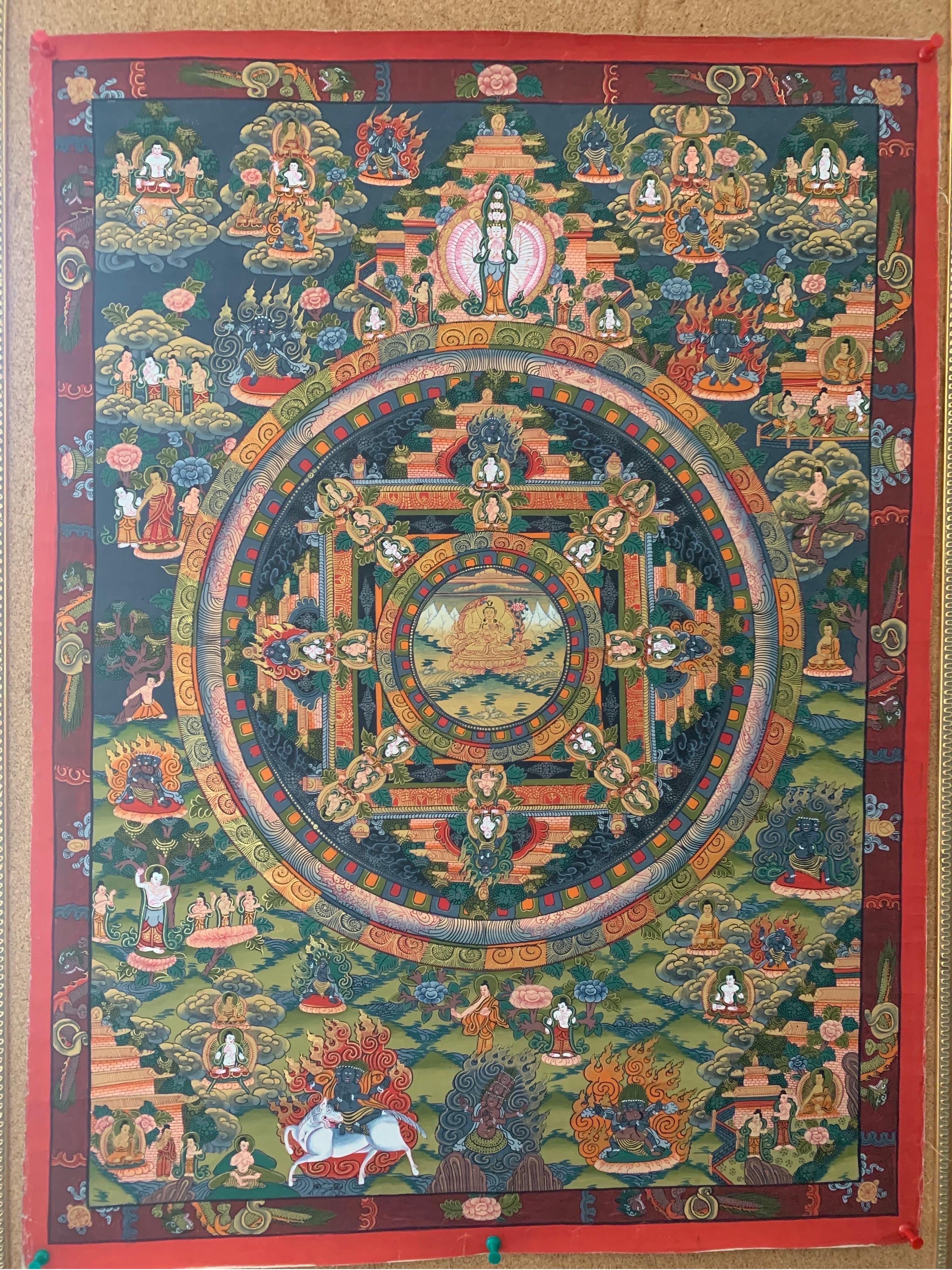Unframed Hand Painted Mandala Thangka on Canvas with 24 Karat Gold - Art by Unknown