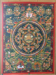 Mandala Thangka su tela non incorniciato e dipinto a mano con oro a 24 carati