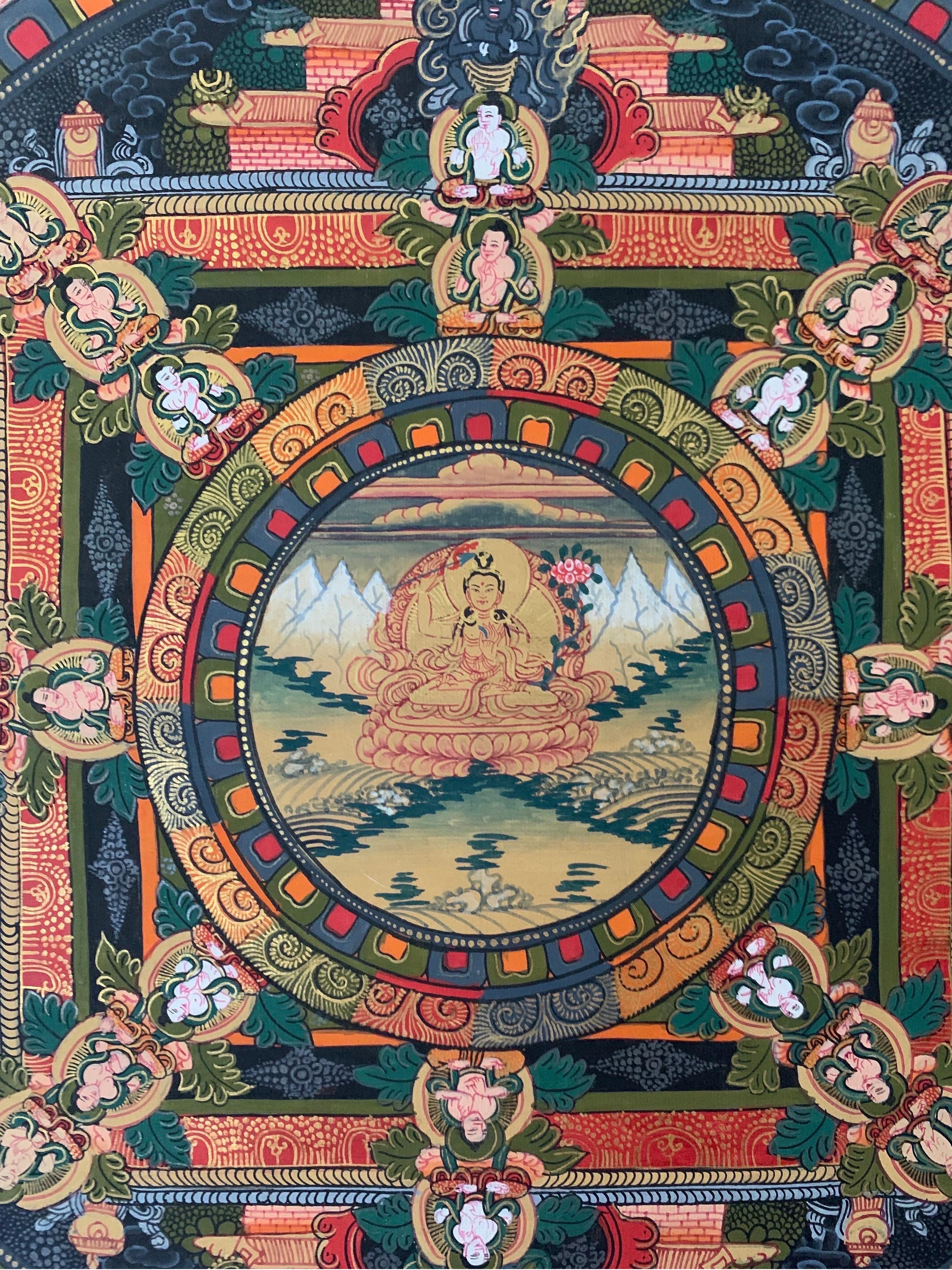 Unframed Hand Painted Mandala Thangka on Canvas with 24 Karat Gold - Other Art Style Art by Unknown