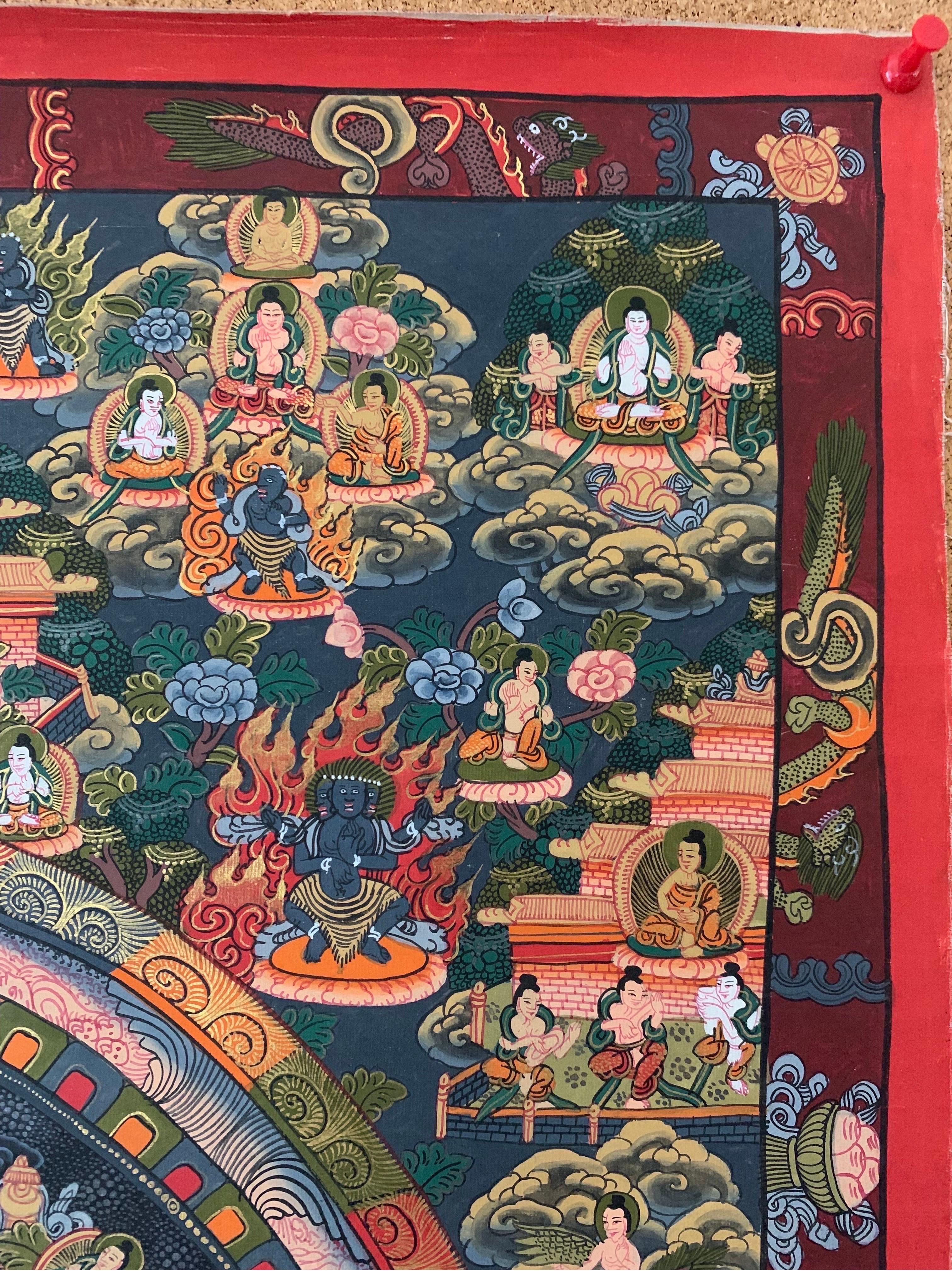 Unframed Hand Painted Mandala Thangka on Canvas with 24 Karat Gold For Sale 2