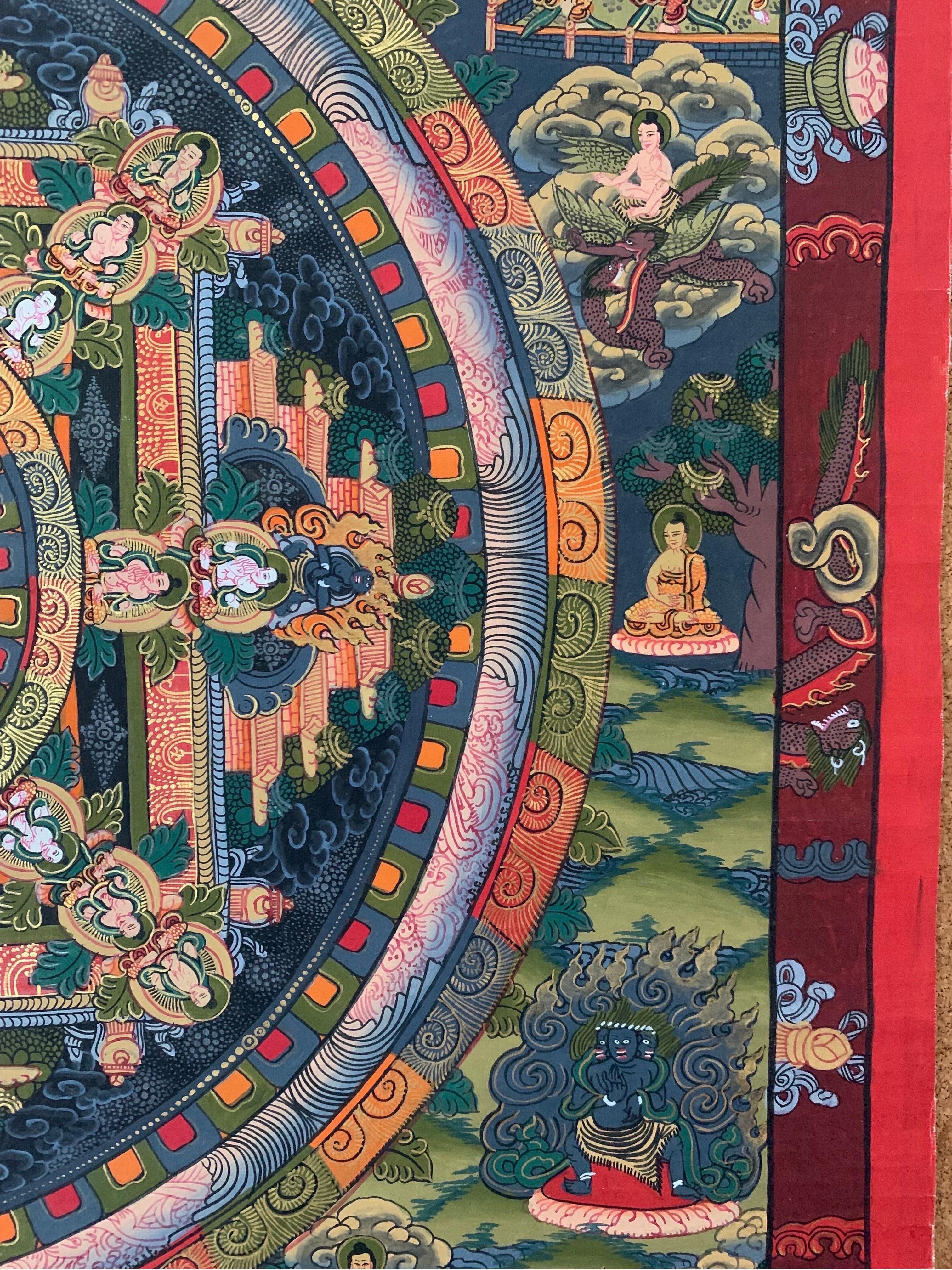 Unframed Hand Painted Mandala Thangka on Canvas with 24 Karat Gold For Sale 3
