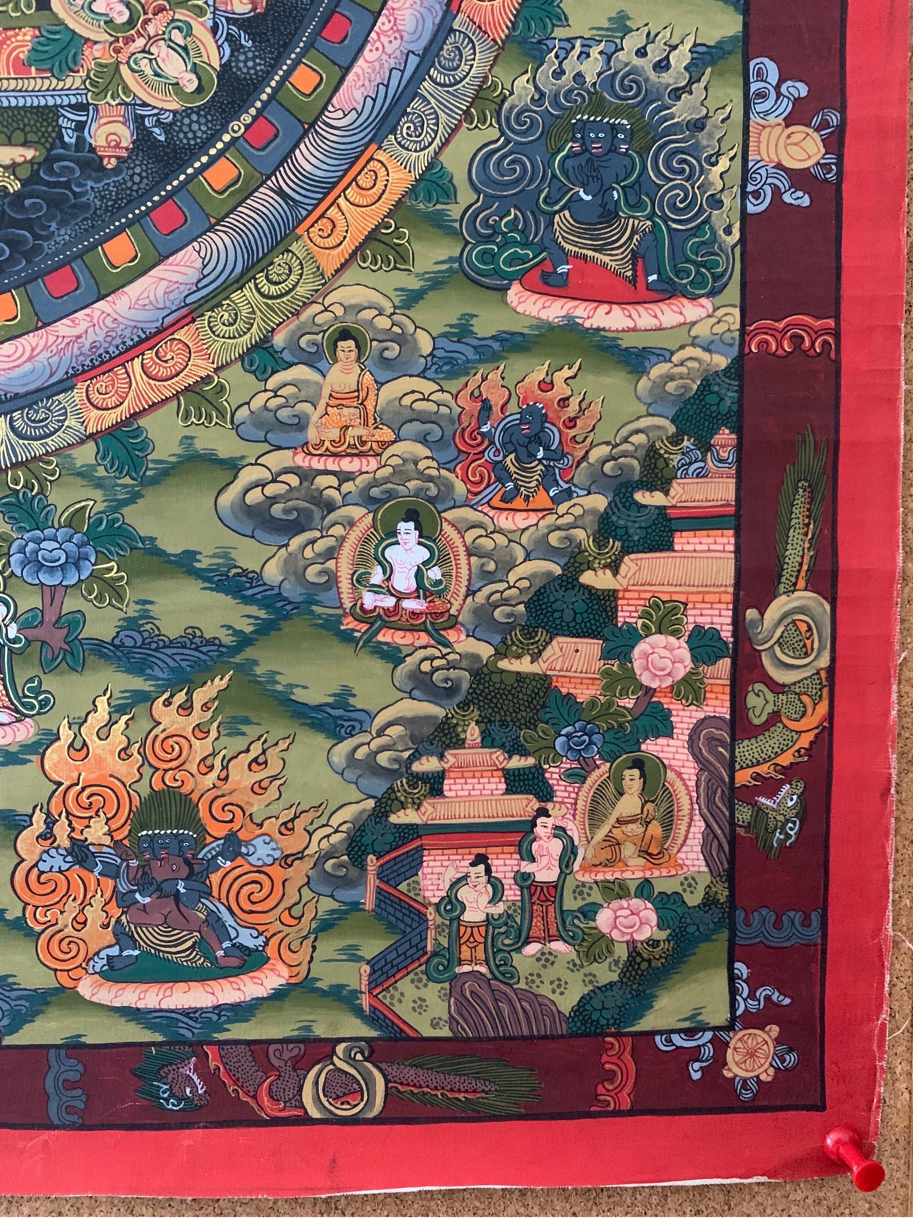 Unframed Hand Painted Mandala Thangka on Canvas with 24 Karat Gold For Sale 4