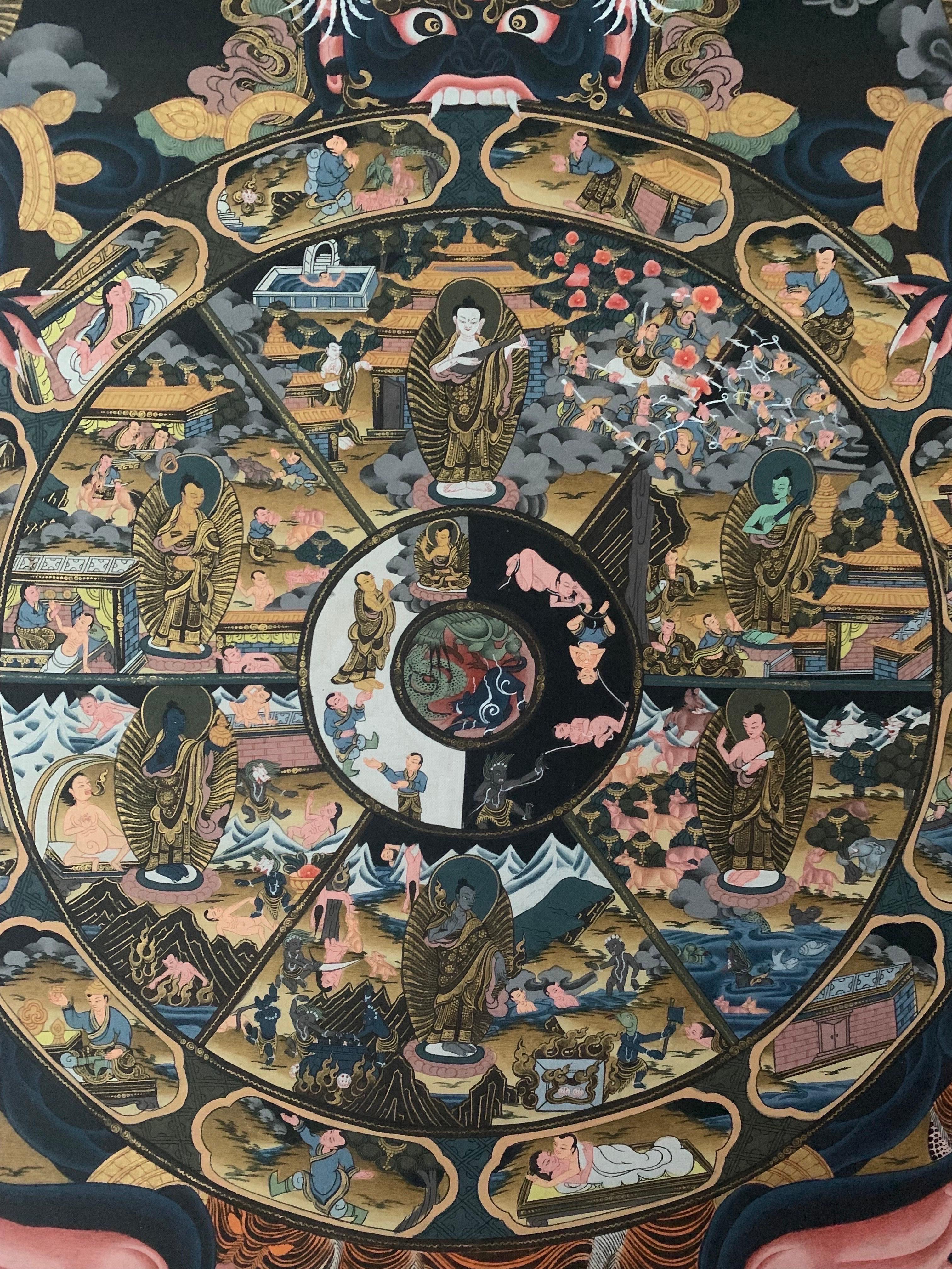 Thangka de la roue de la vie peint à la main et non encadré sur toile avec de l'or 24K - Autres styles artistiques Art par Unknown