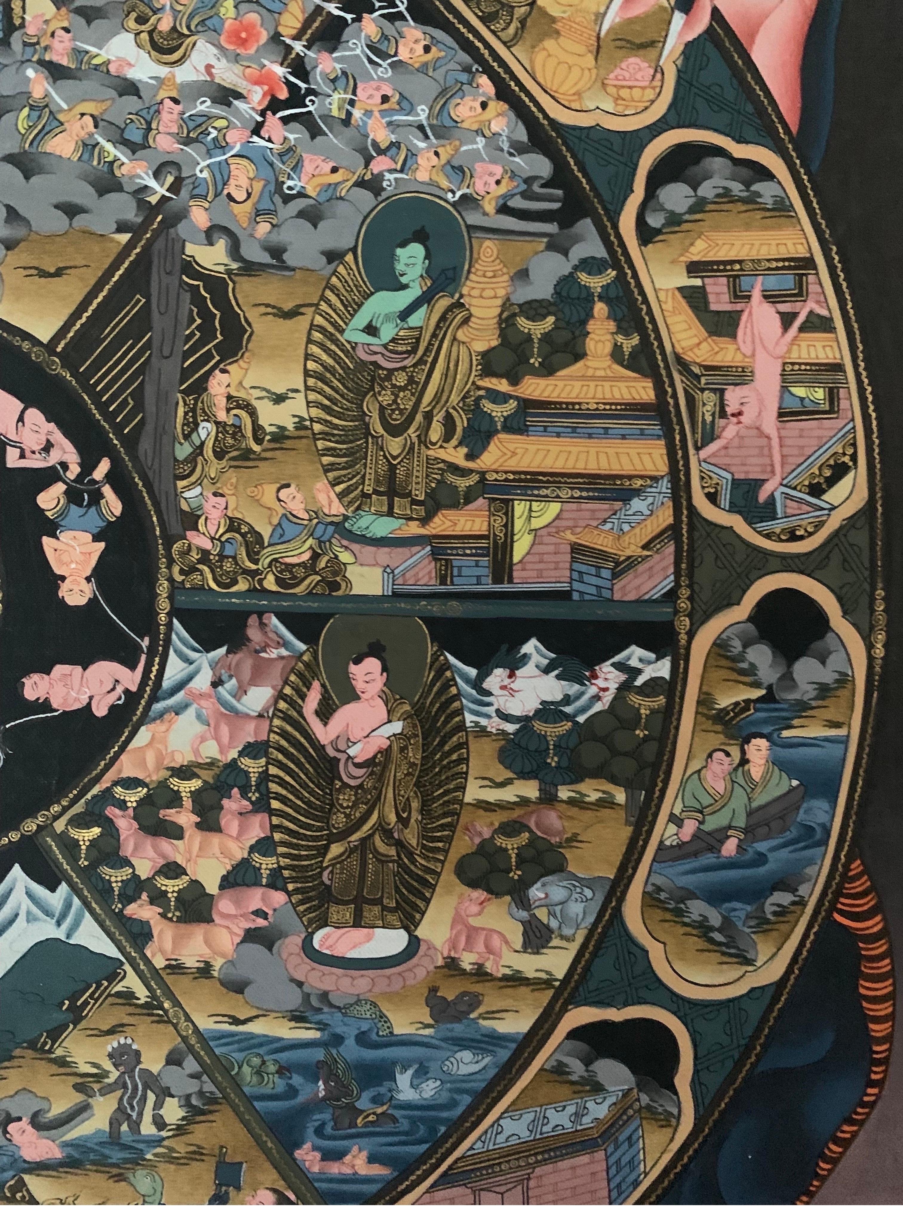 Thangka de la roue de la vie peint à la main et non encadré sur toile avec de l'or 24K en vente 2