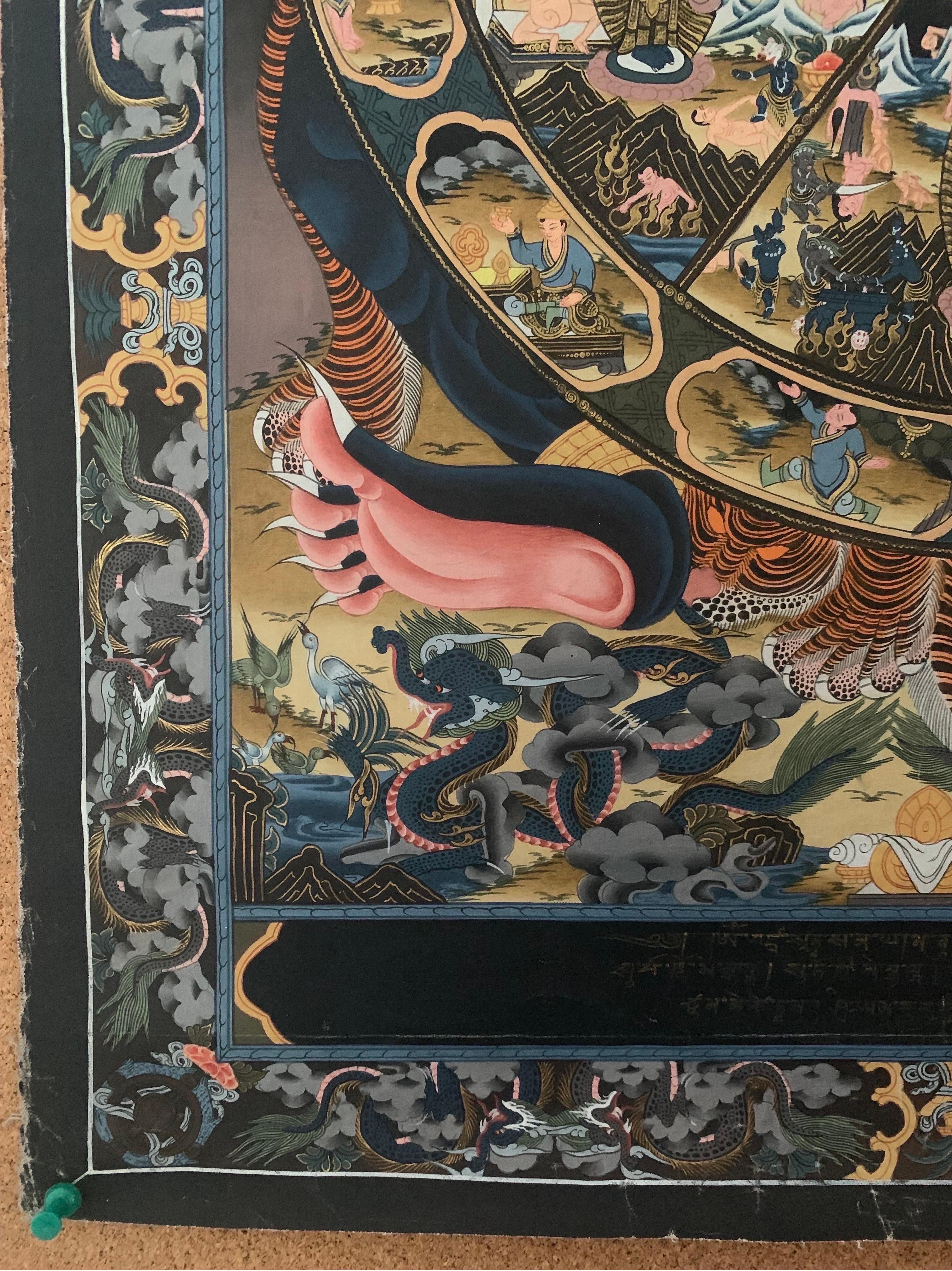 Thangka de la roue de la vie peint à la main et non encadré sur toile avec de l'or 24K en vente 4