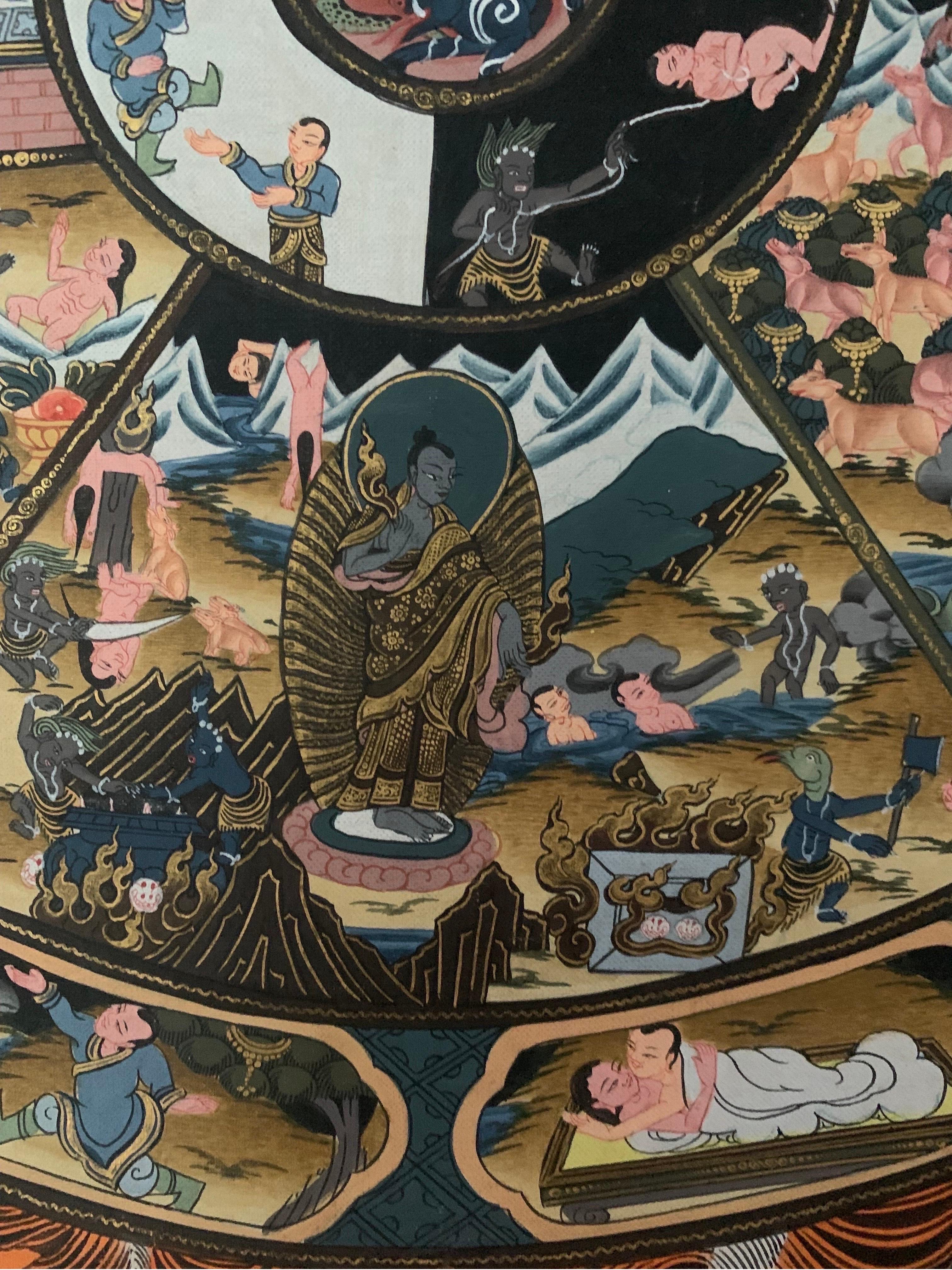 Thangka de la roue de la vie peint à la main et non encadré sur toile avec de l'or 24K en vente 10