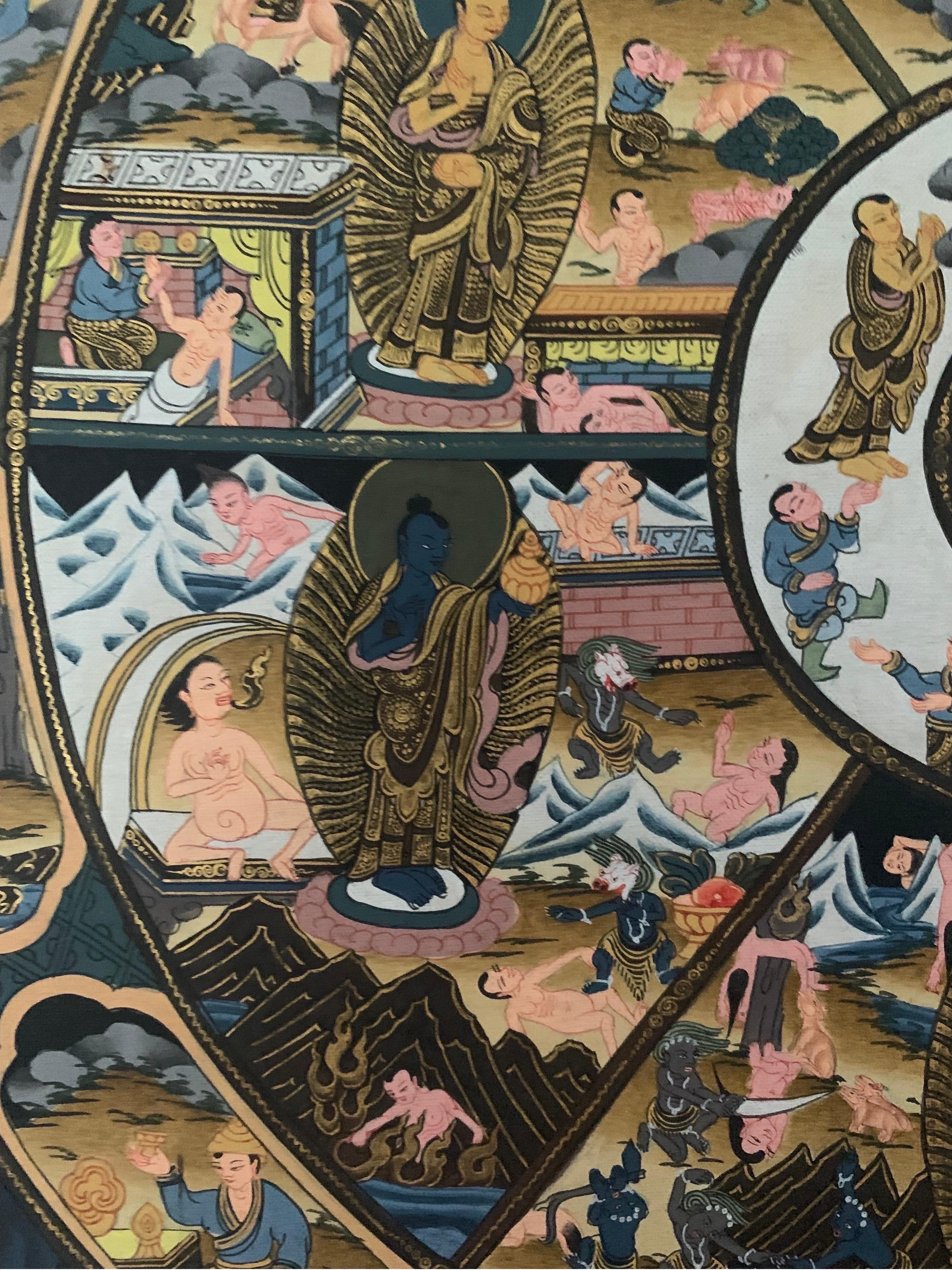 Thangka de la roue de la vie peint à la main et non encadré sur toile avec de l'or 24K en vente 11