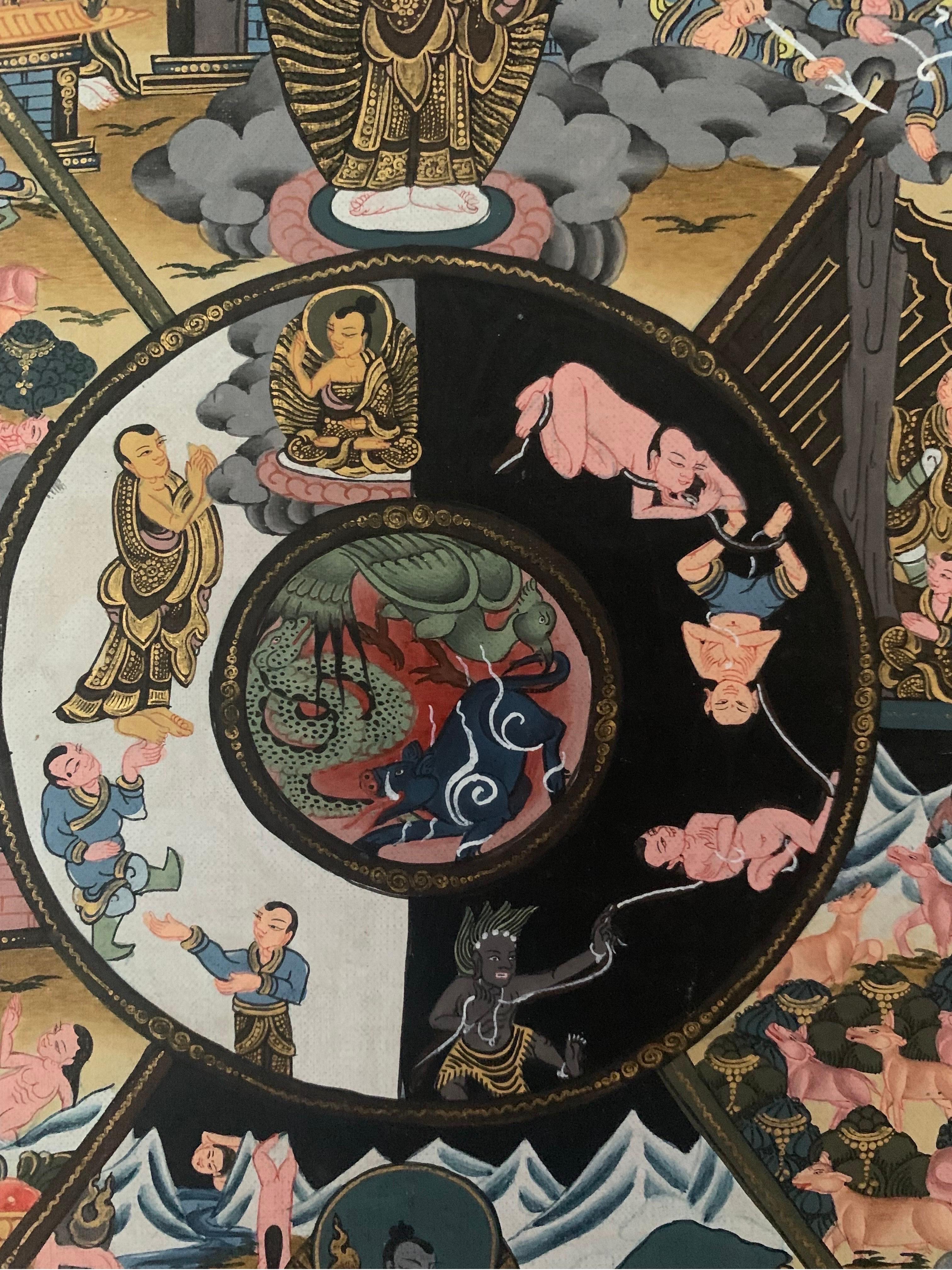 Thangka de la roue de la vie peint à la main et non encadré sur toile avec de l'or 24K en vente 13