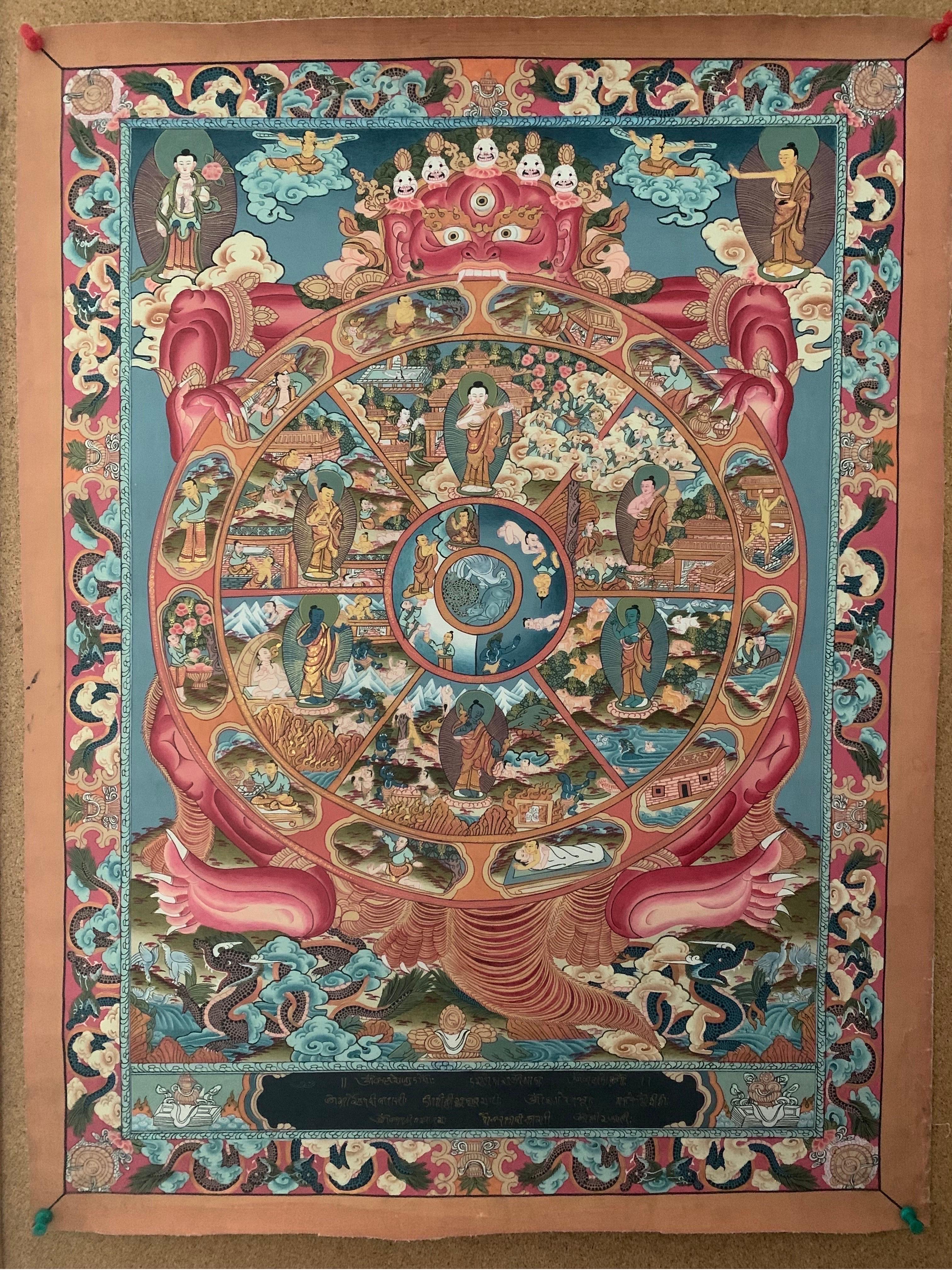 Unframed Hand Painted Wheel of Life Thangka on Canvas with 24K Gold