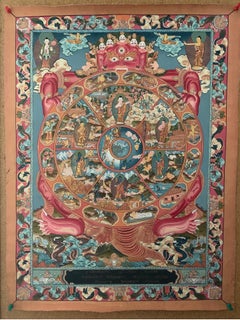 Vintage Unframed Hand Painted Wheel of Life Thangka on Canvas with 24K Gold