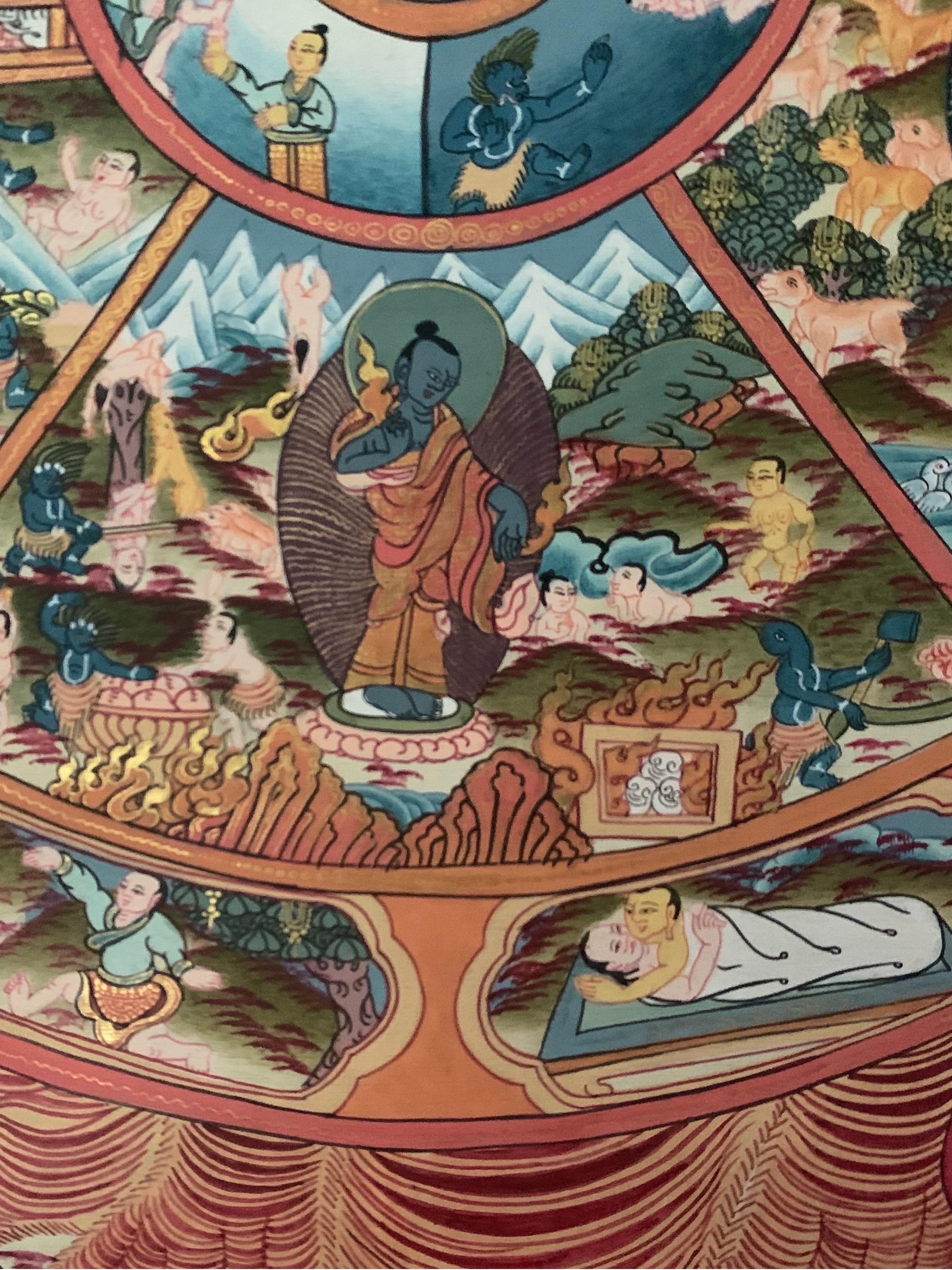 Unframed Hand Painted Wheel of Life Thangka on Canvas with 24K Gold For Sale 10