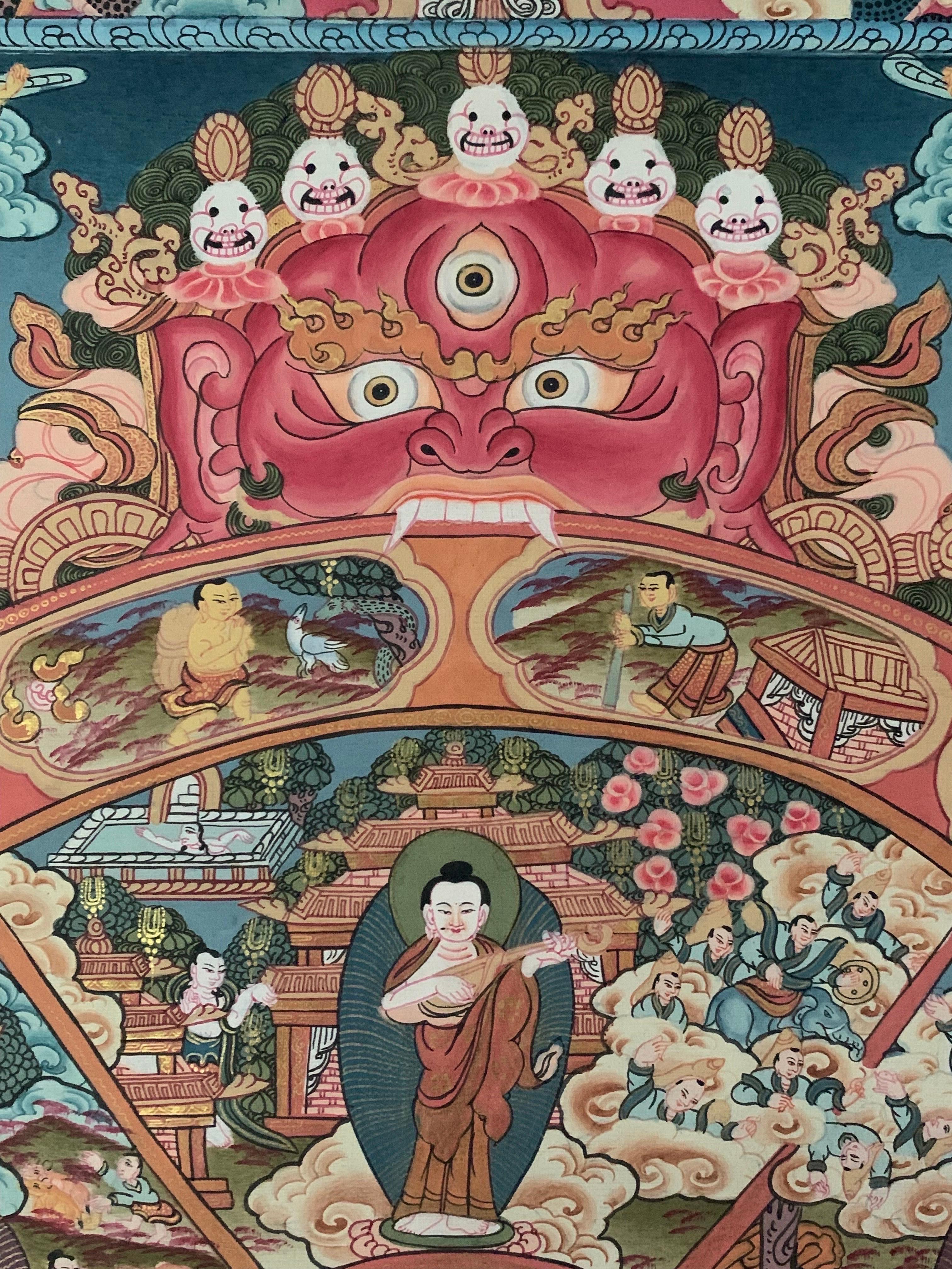 Ruota della Vita Thangka dipinta a mano e non incorniciata su tela con oro 24 carati in vendita 17