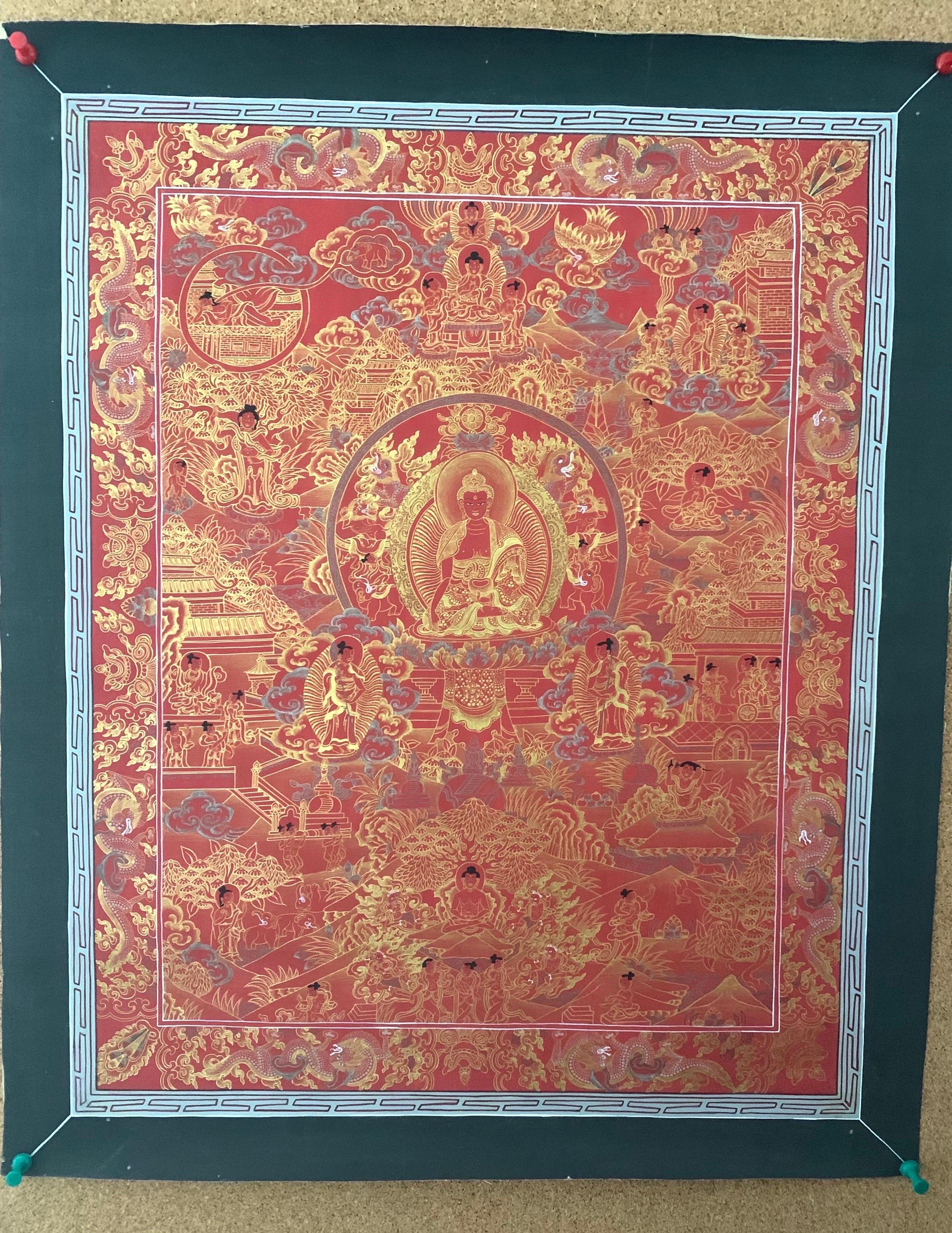 Unframed Hand Painted Life History of Buddha Thangka on Canvas with 24K Gold - Art by Unknown