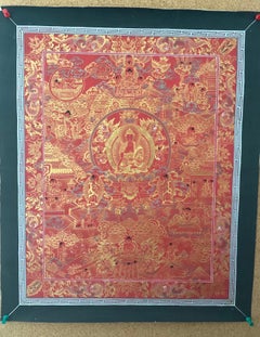 Thangka de l'histoire de la vie de Bouddha, peint à la main et non encadré, sur toile avec de l'or 24K