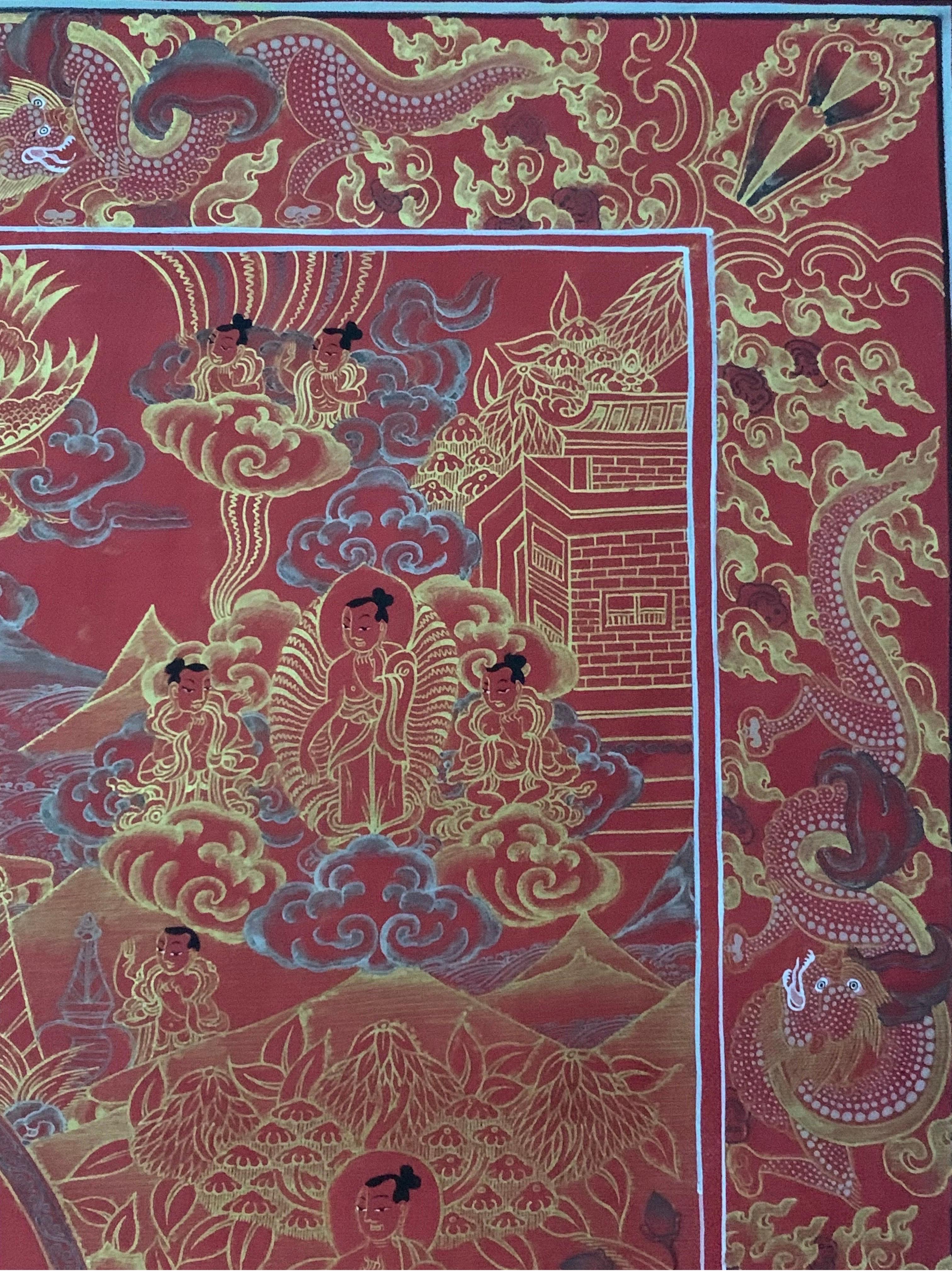 Unframed Hand Painted Life History of Buddha Thangka on Canvas with 24K Gold For Sale 4