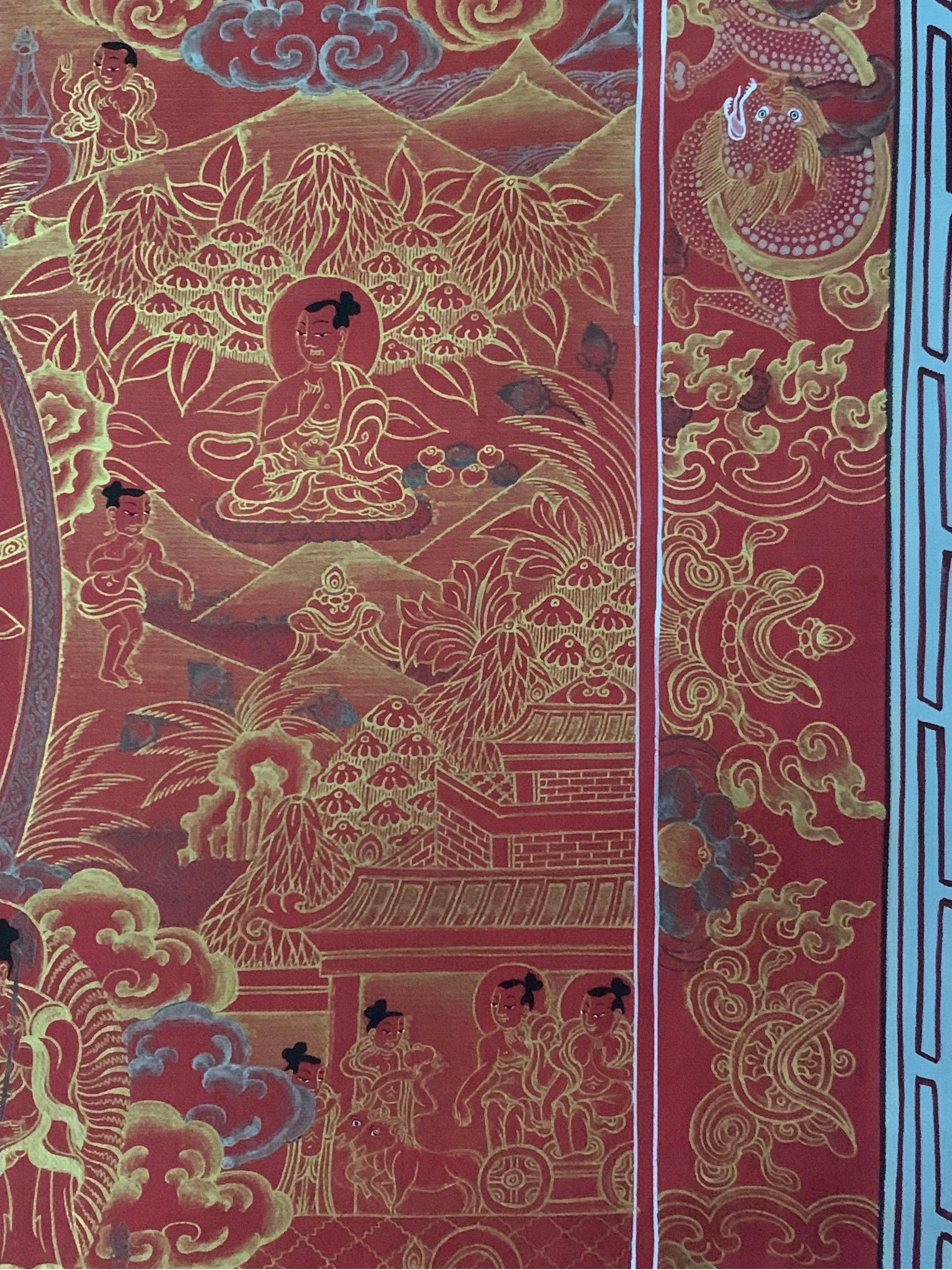 Unframed Hand Painted Life History of Buddha Thangka on Canvas with 24K Gold For Sale 5