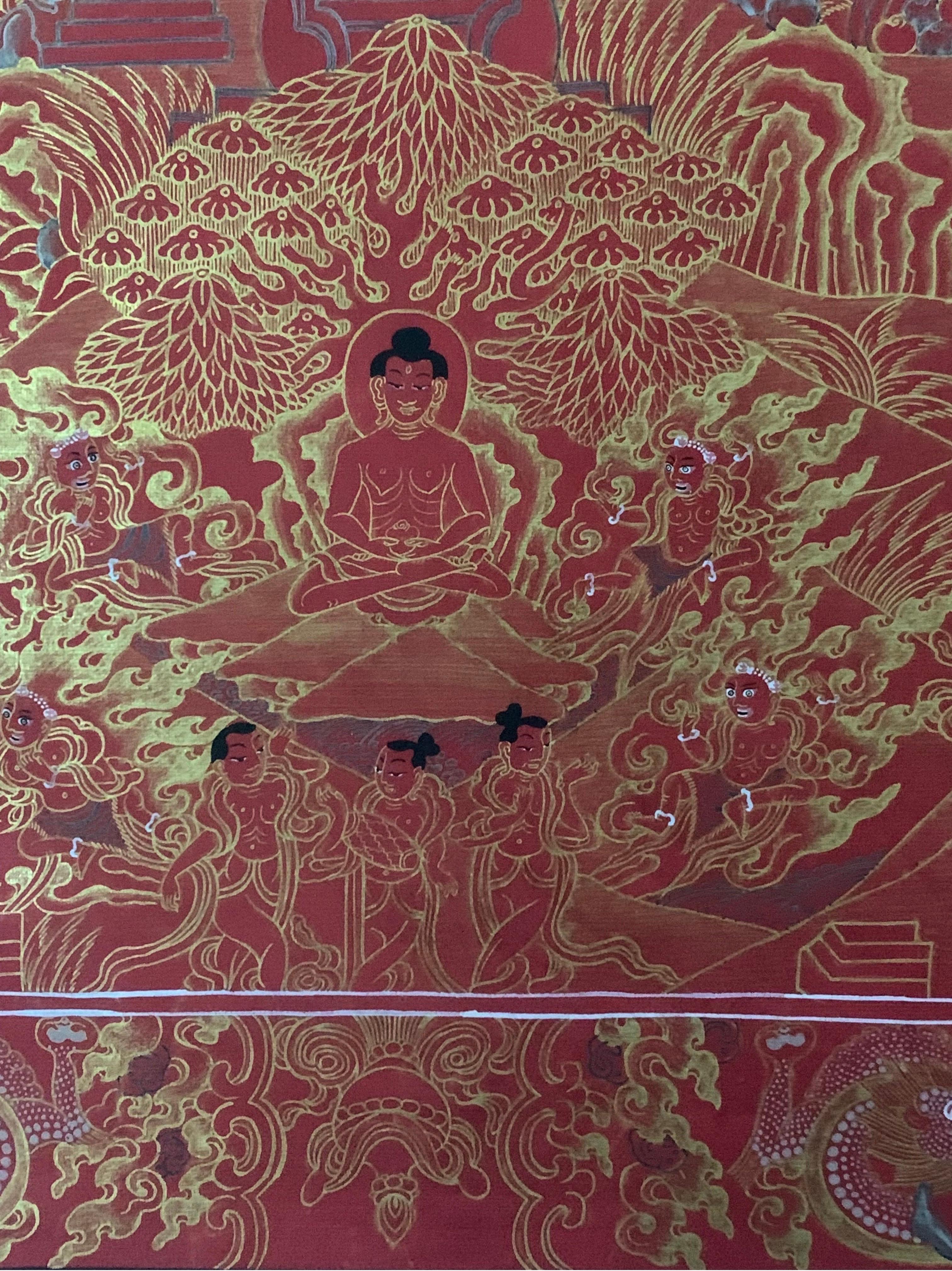 Unframed Hand Painted Life History of Buddha Thangka on Canvas with 24K Gold For Sale 7