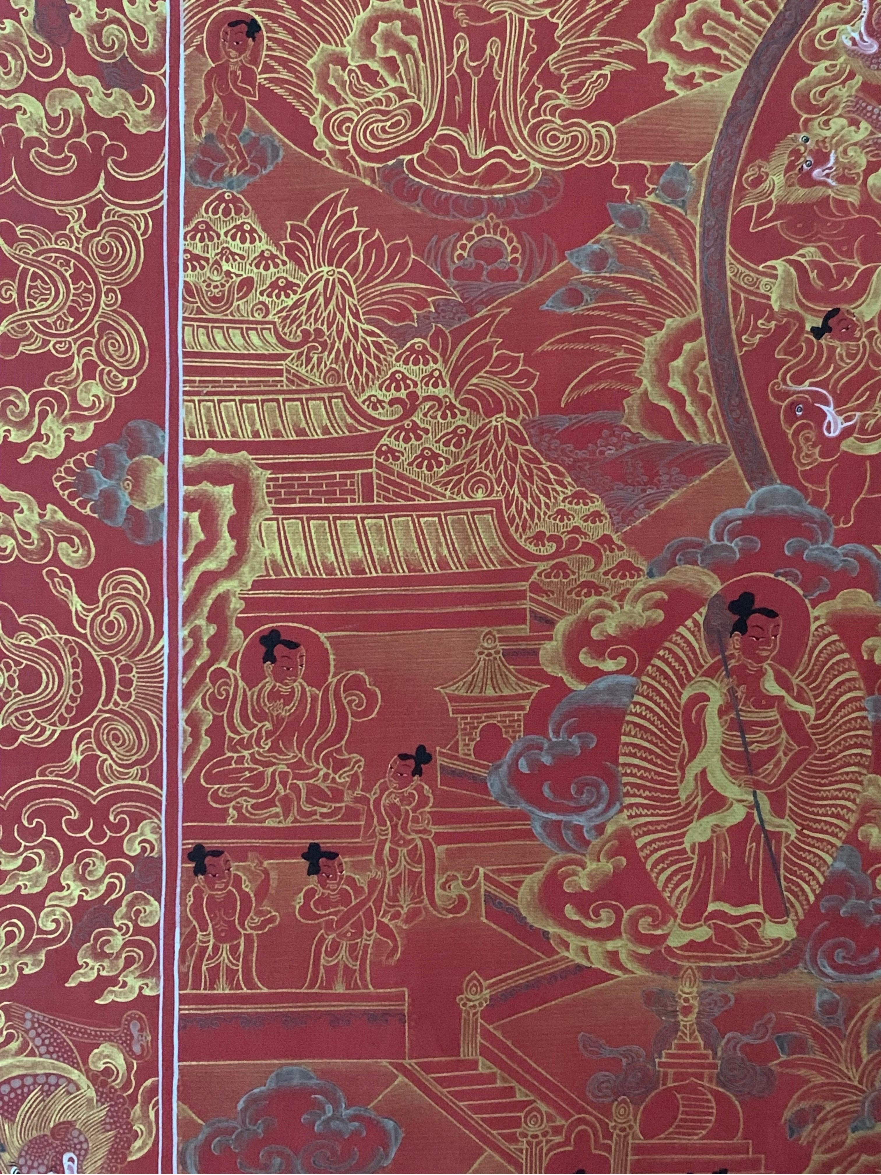 Unframed Hand Painted Life History of Buddha Thangka on Canvas with 24K Gold For Sale 9