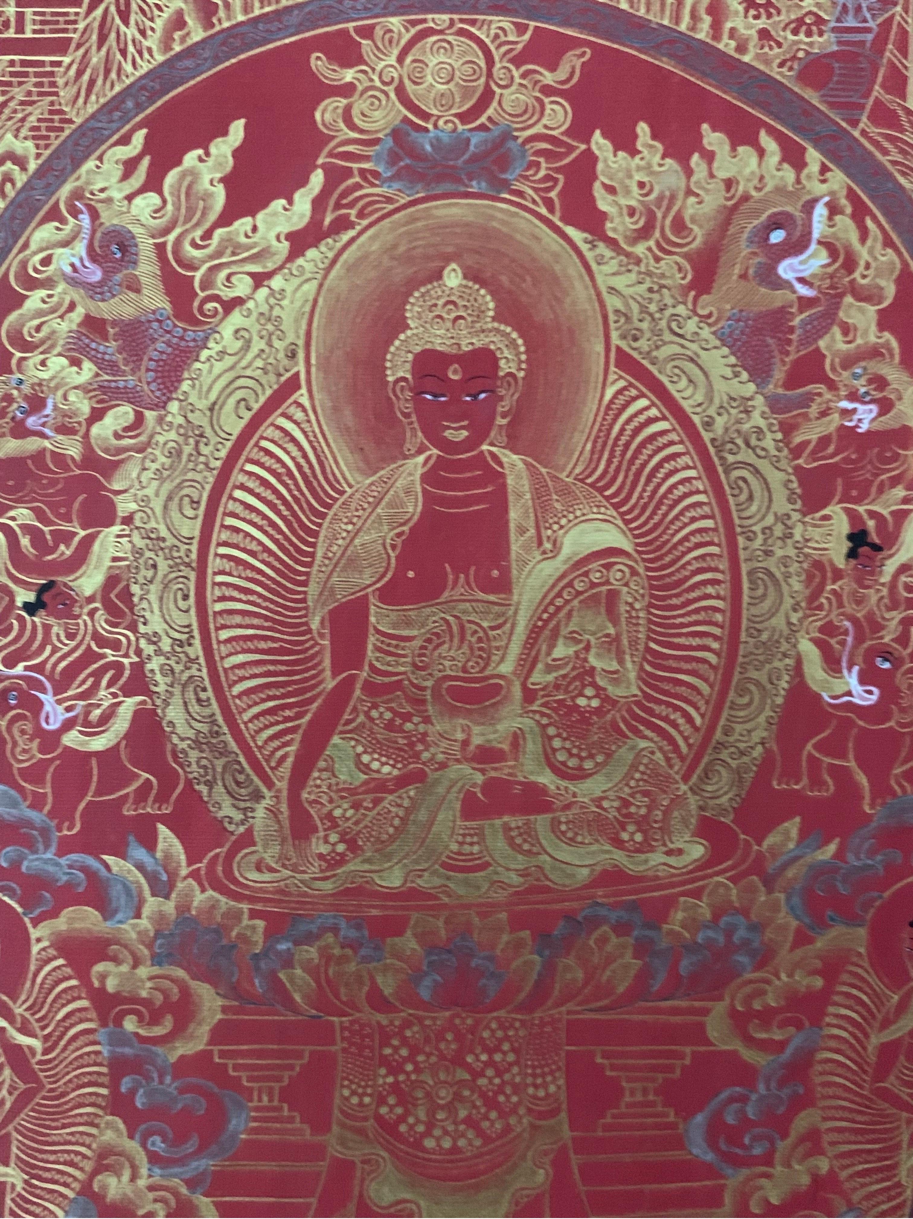 Unframed Hand Painted Life History of Buddha Thangka on Canvas with 24K Gold For Sale 12
