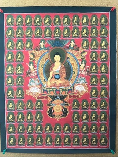Thangka de Bouddha non encadré et peint à la main sur toile en or 24 carats