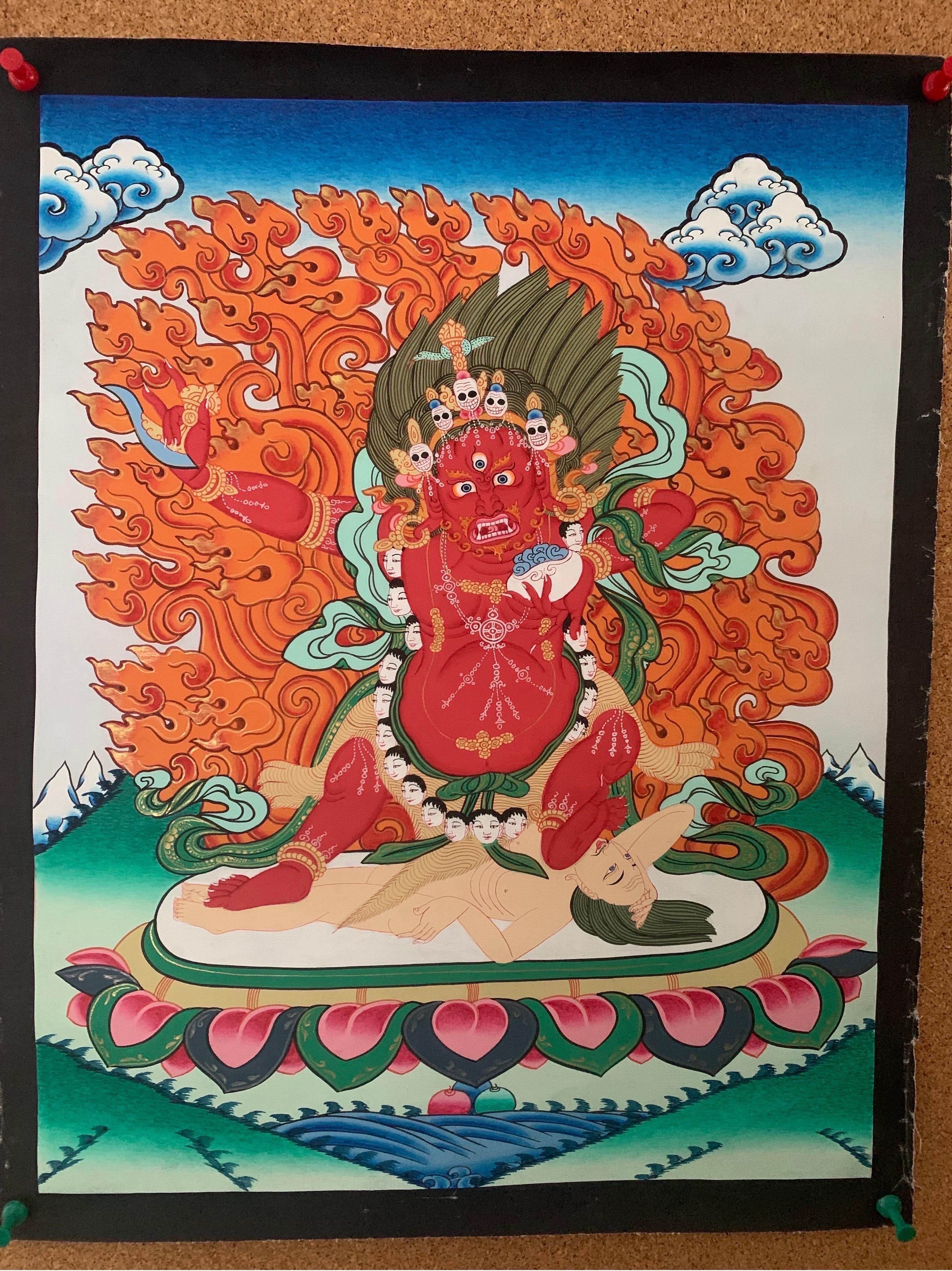 Thangka Vajrapani non encadré et peint à la main sur toile avec or 24 carats - Art de Unknown