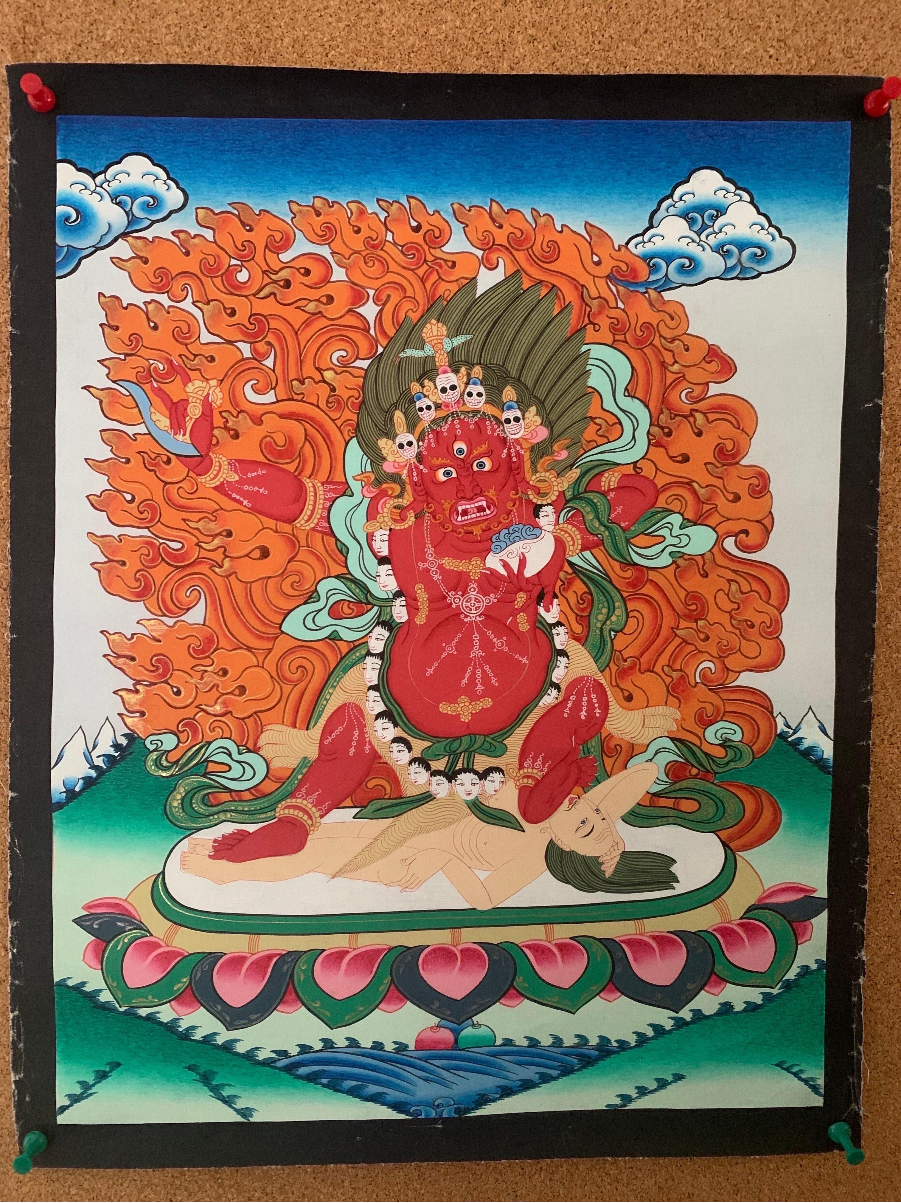 Thangka Vajrapani non encadré et peint à la main sur toile avec or 24 carats - Autres styles artistiques Art par Unknown