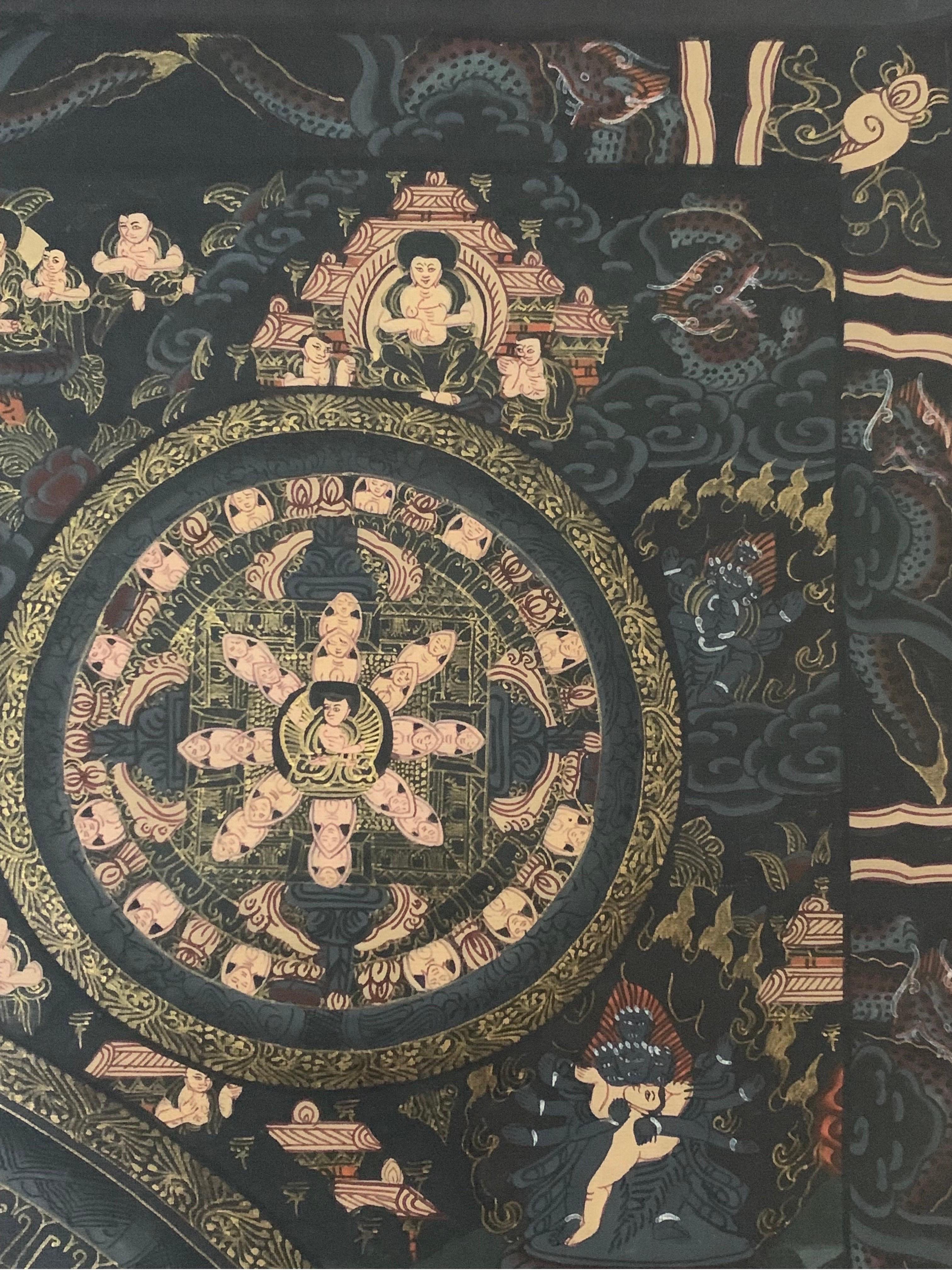 Unframed Hand Painted Mandala Thangka on Canvas with 24K Real Gold For Sale 1
