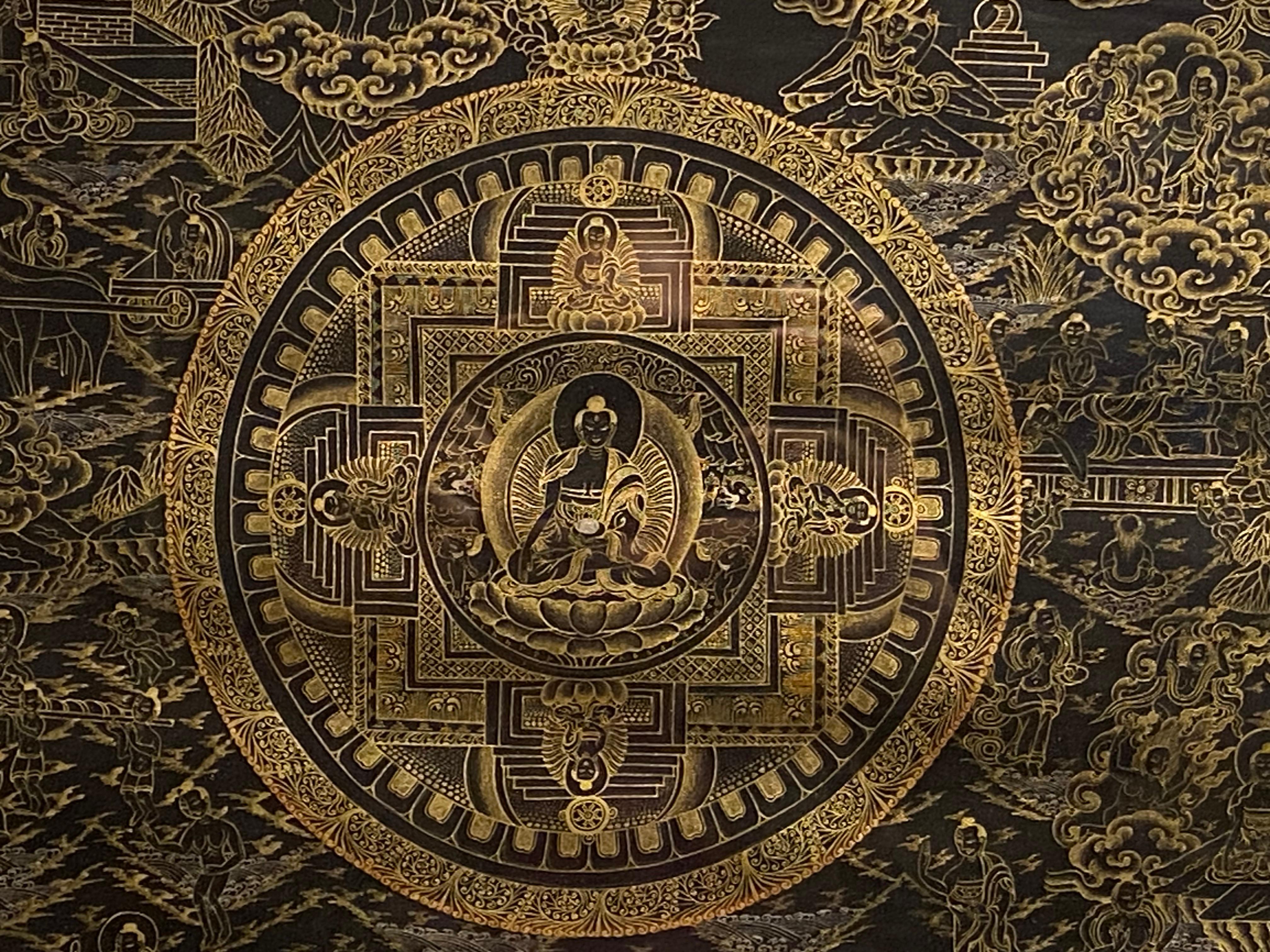 Encadré peint à la main  Sur toile Mandala Thangka or 24 carats  - Autres styles artistiques Art par Unknown