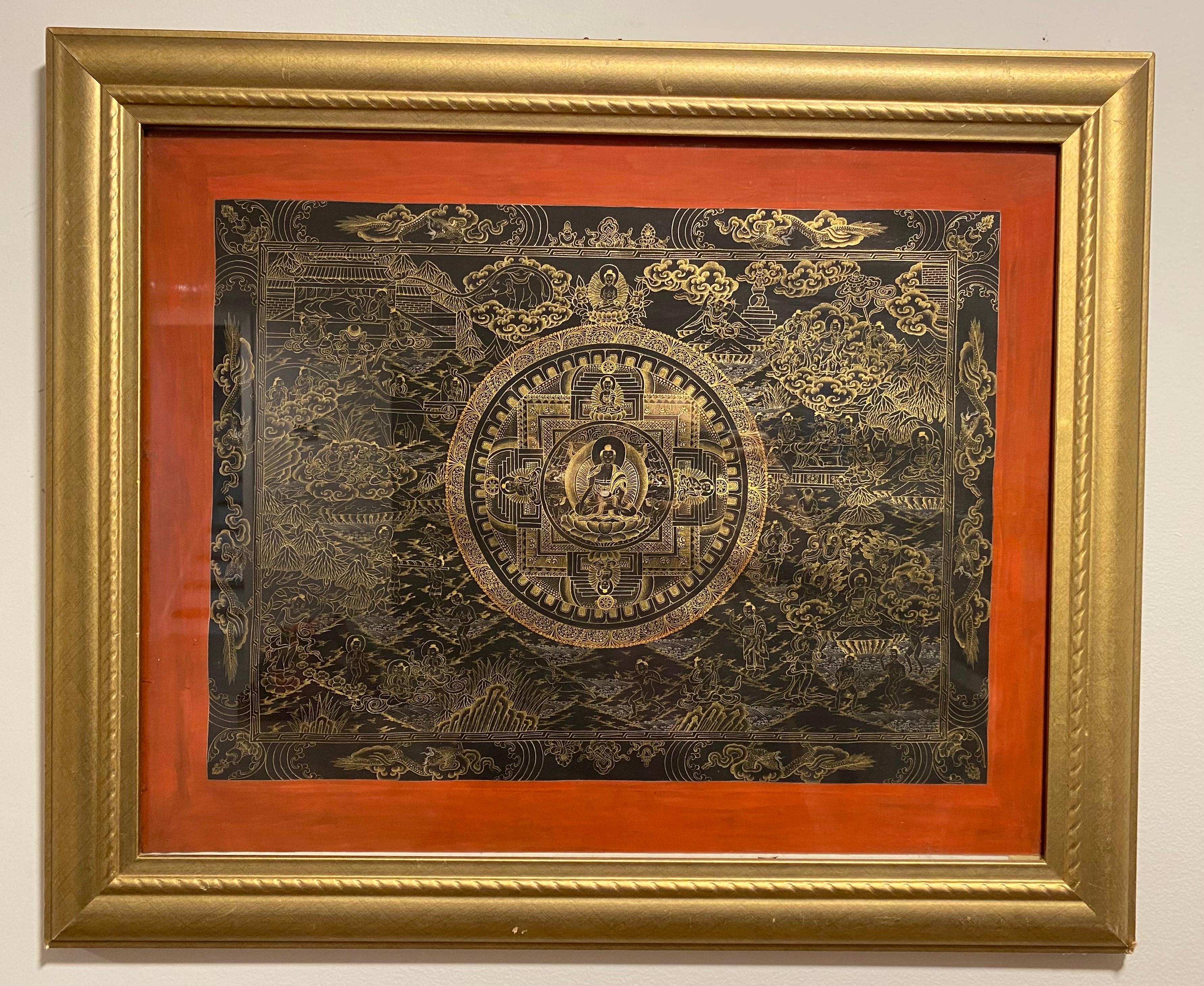 Encadré peint à la main  Sur toile Mandala Thangka or 24 carats  - Art de Unknown