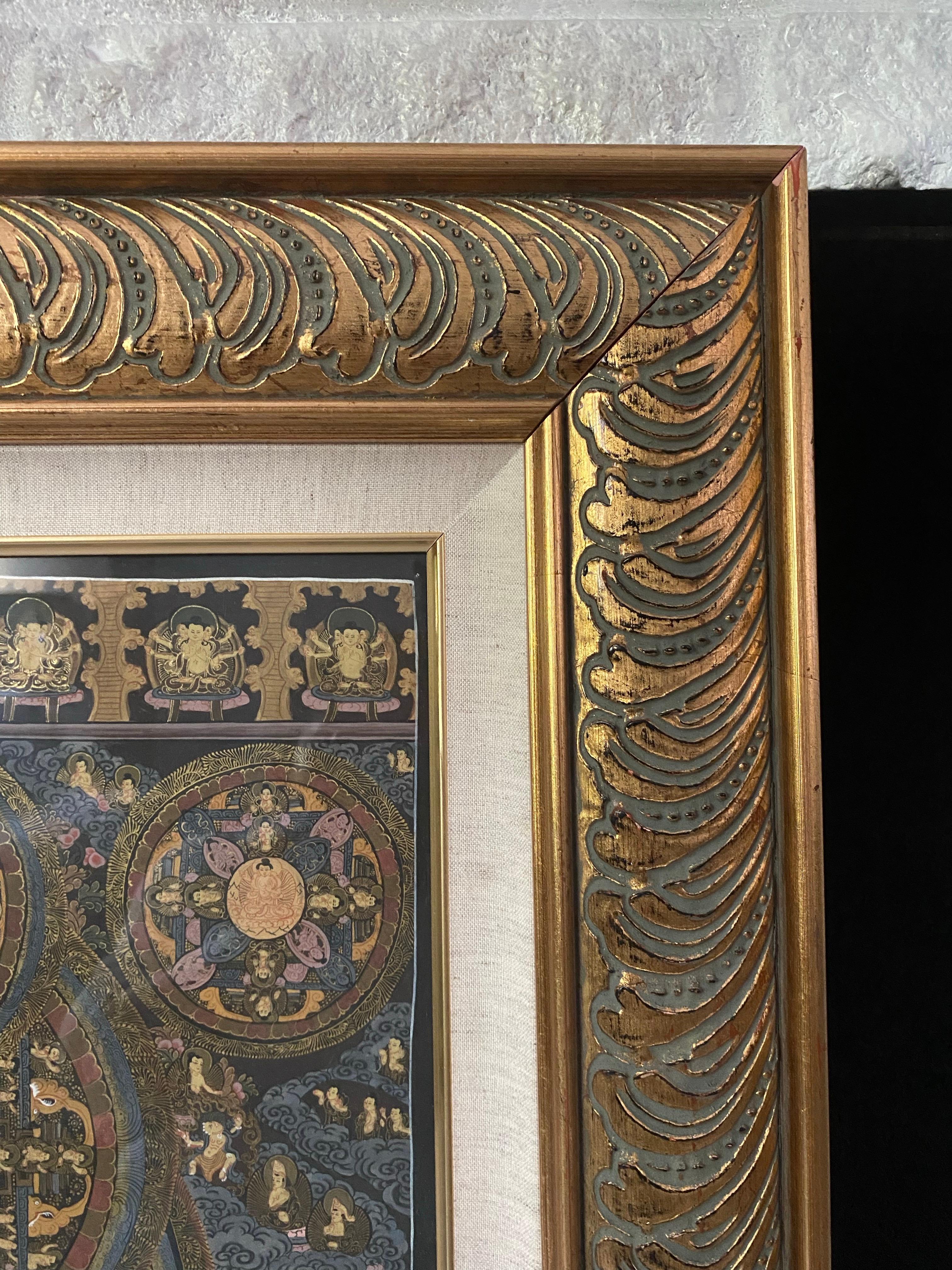 Thangka Mandala peint à la main sur toile encadrée avec or 24 carats en vente 1