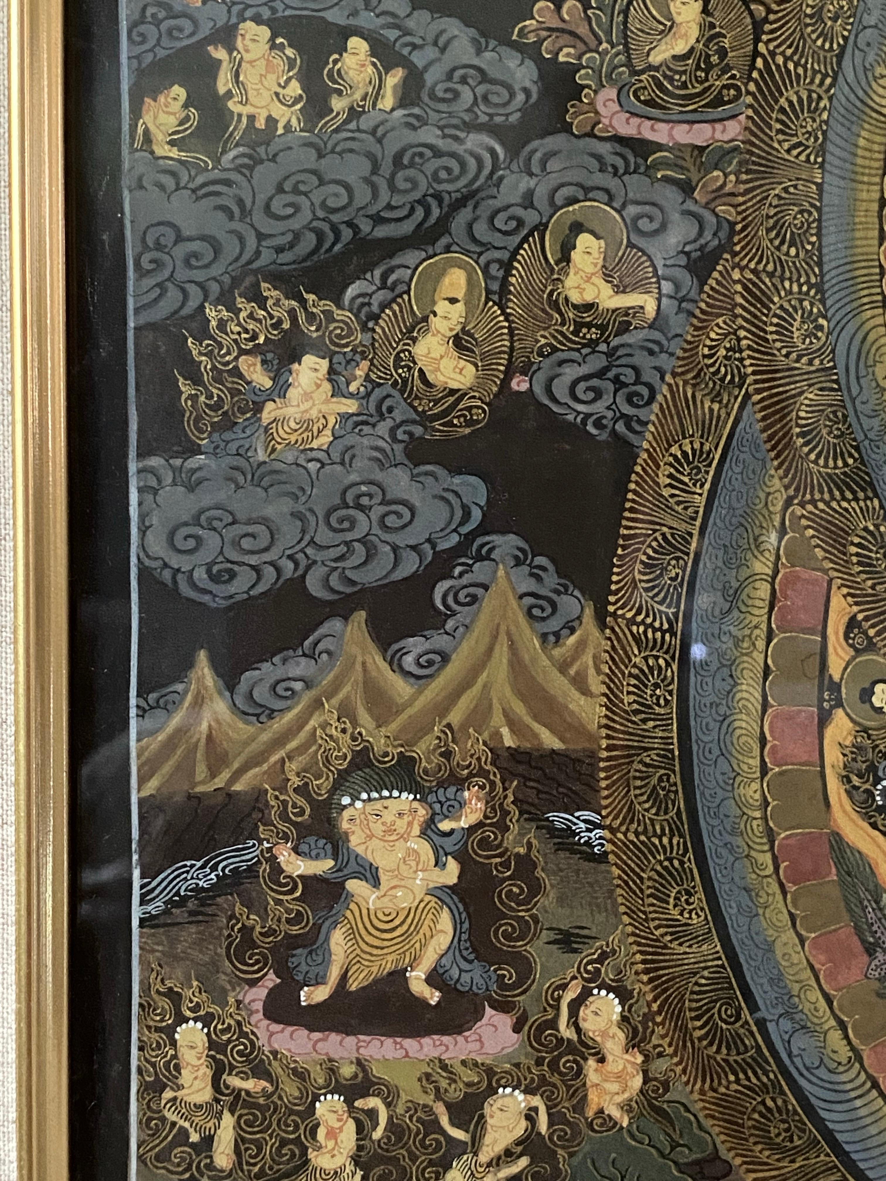 Thangka Mandala peint à la main sur toile encadrée avec or 24 carats en vente 2