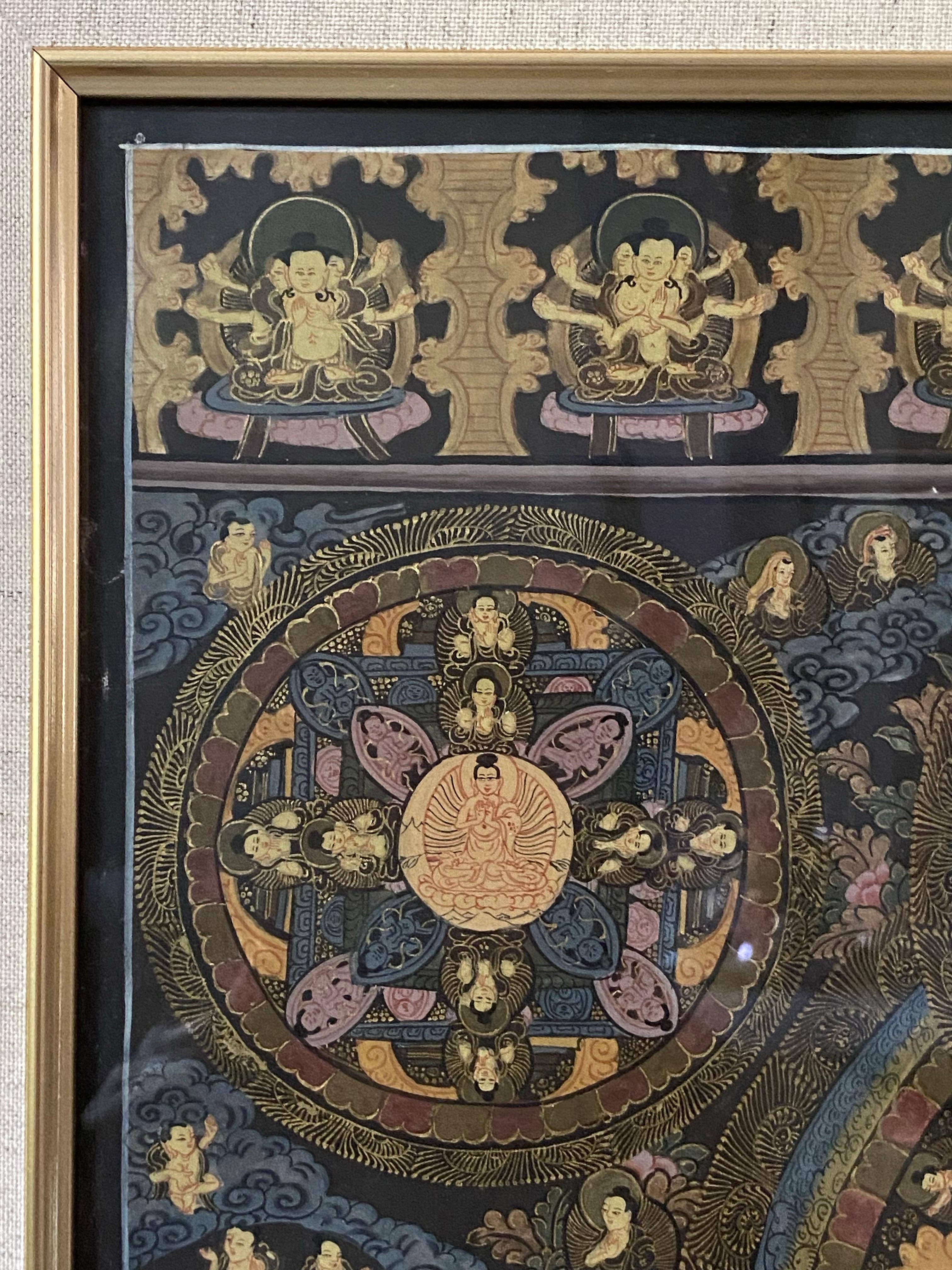 Thangka Mandala peint à la main sur toile encadrée avec or 24 carats en vente 3