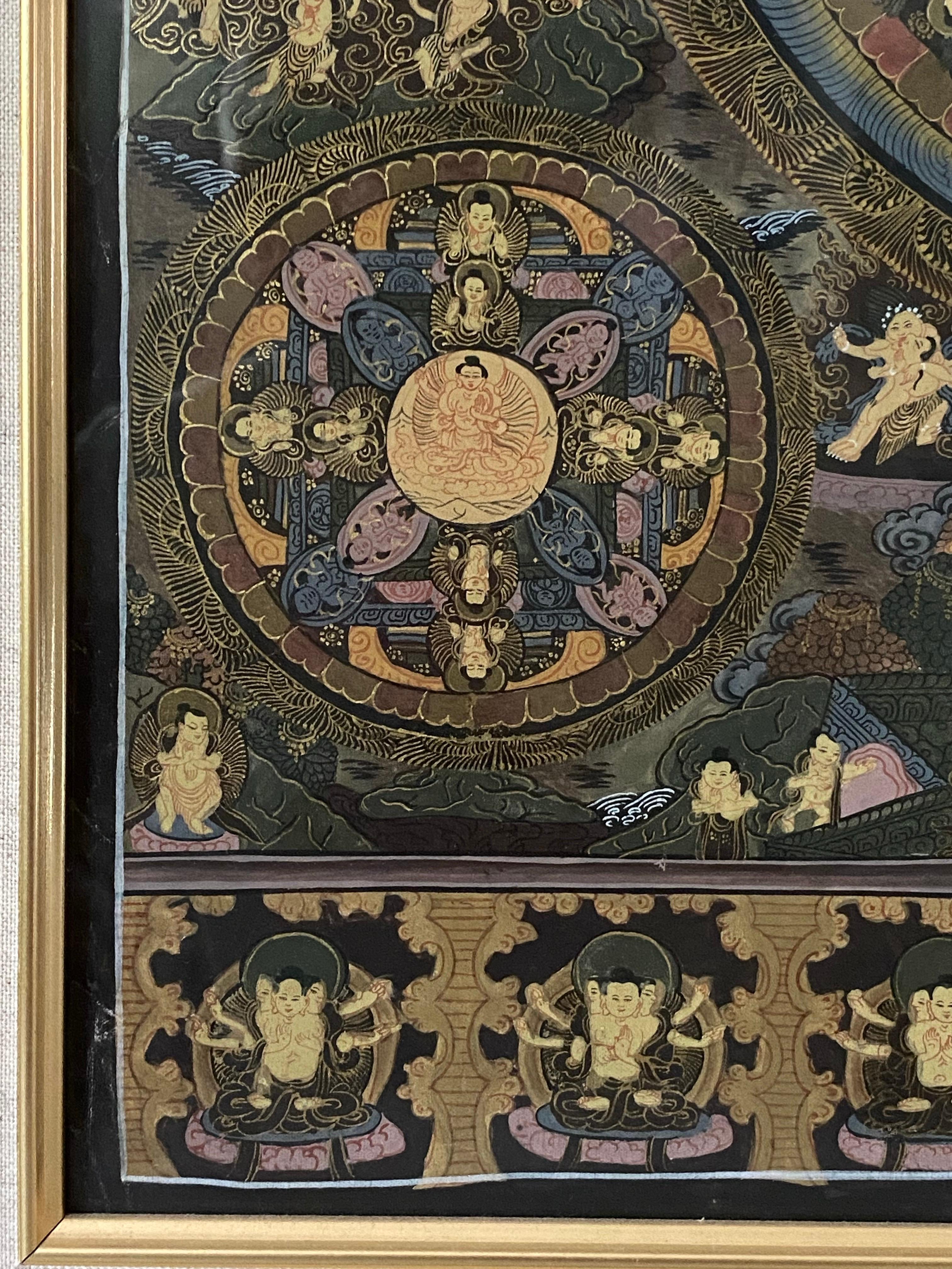 Thangka Mandala peint à la main sur toile encadrée avec or 24 carats en vente 4