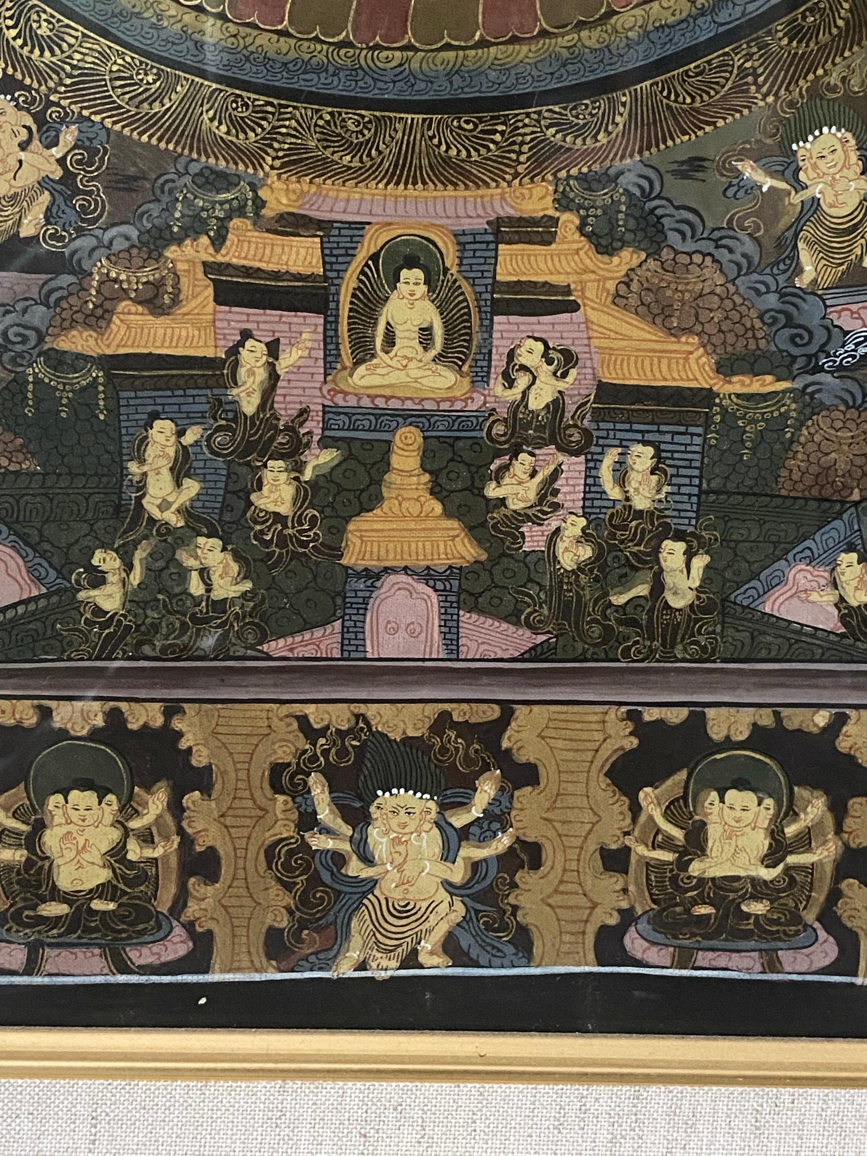 Thangka Mandala peint à la main sur toile encadrée avec or 24 carats en vente 6