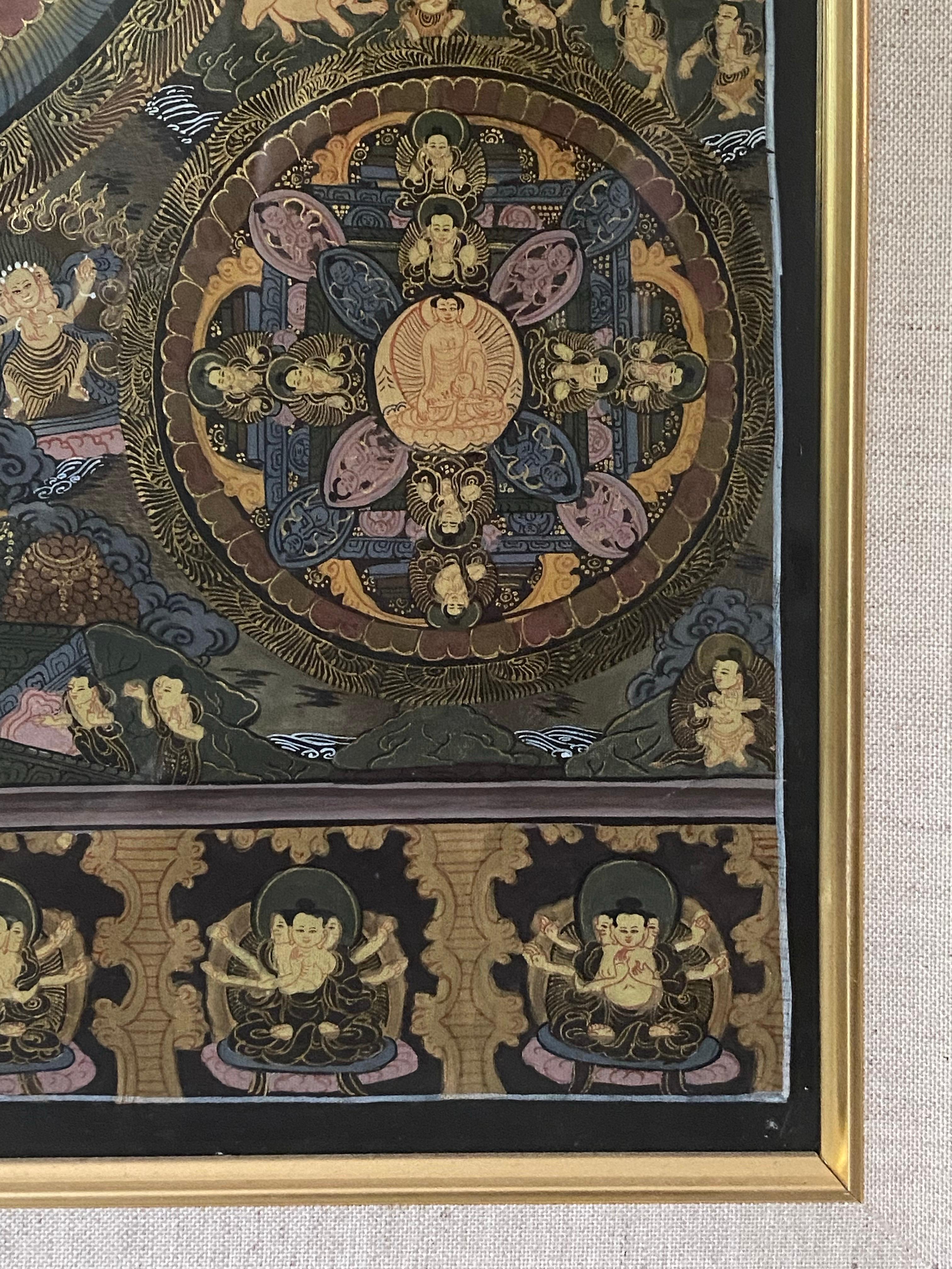 Thangka Mandala peint à la main sur toile encadrée avec or 24 carats en vente 8