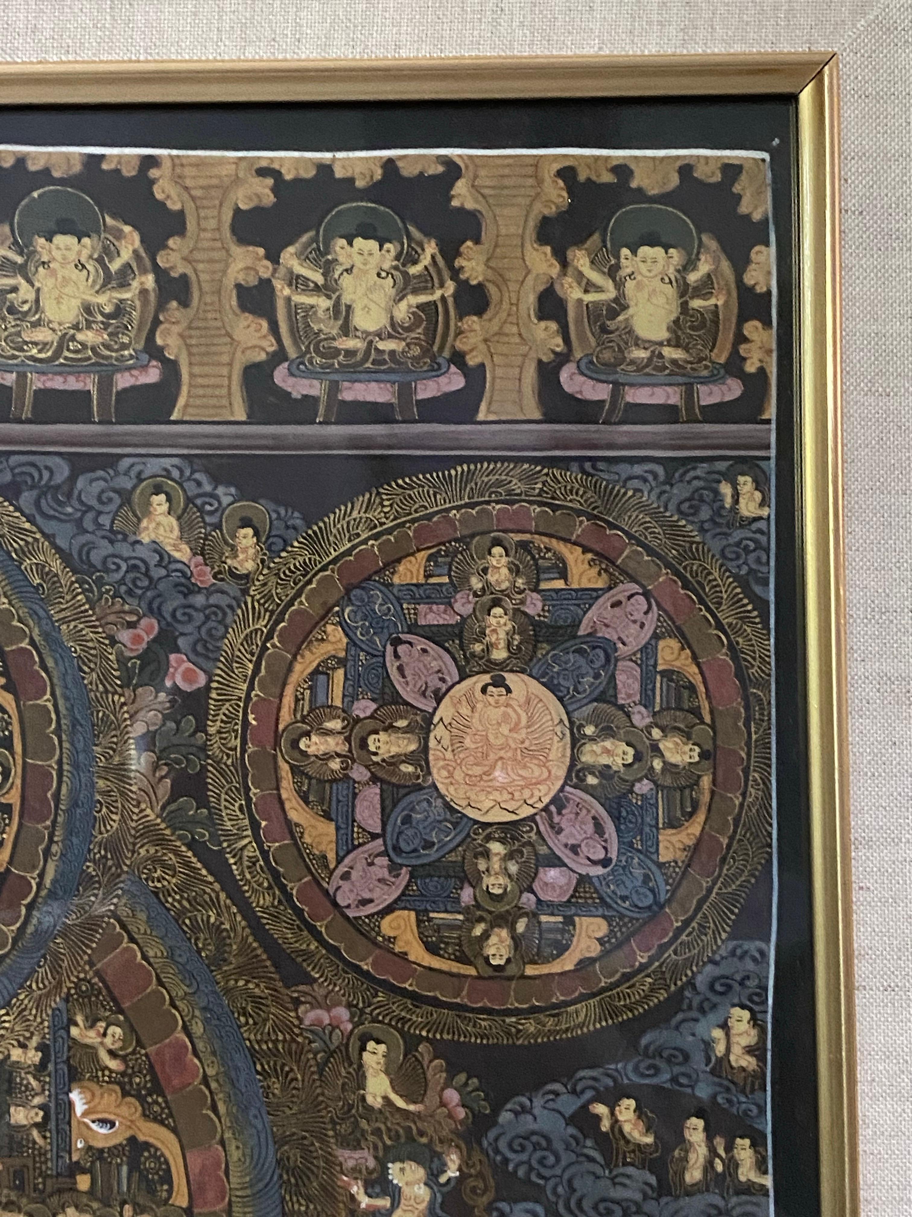 Thangka Mandala peint à la main sur toile encadrée avec or 24 carats en vente 11