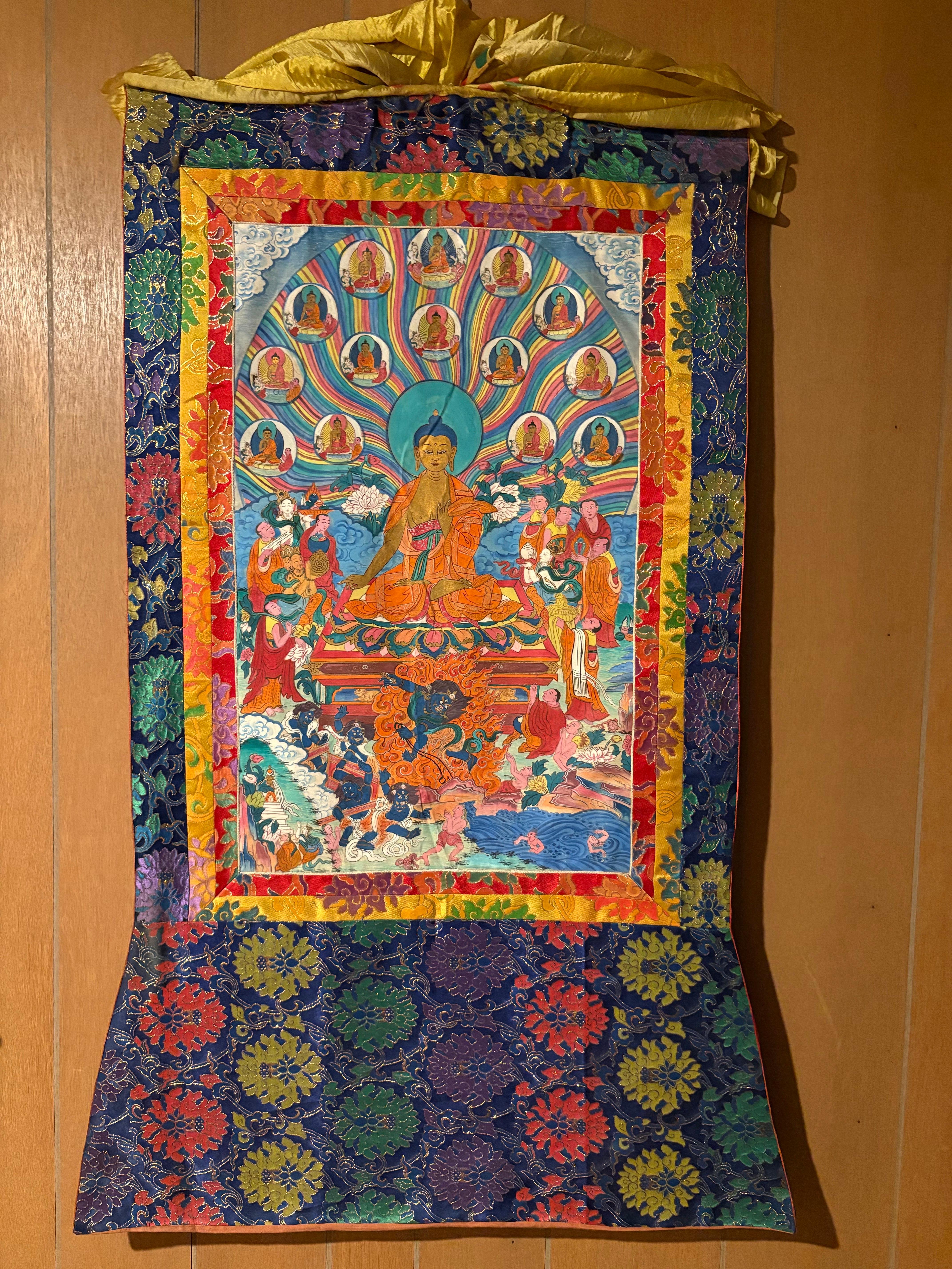 Thangka with Buddhas, Antique Tibetan Painting, 20th Century - Art by Unknown