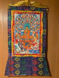 Thangka with Buddhas, Antique Tibetan Painting, 20th Century