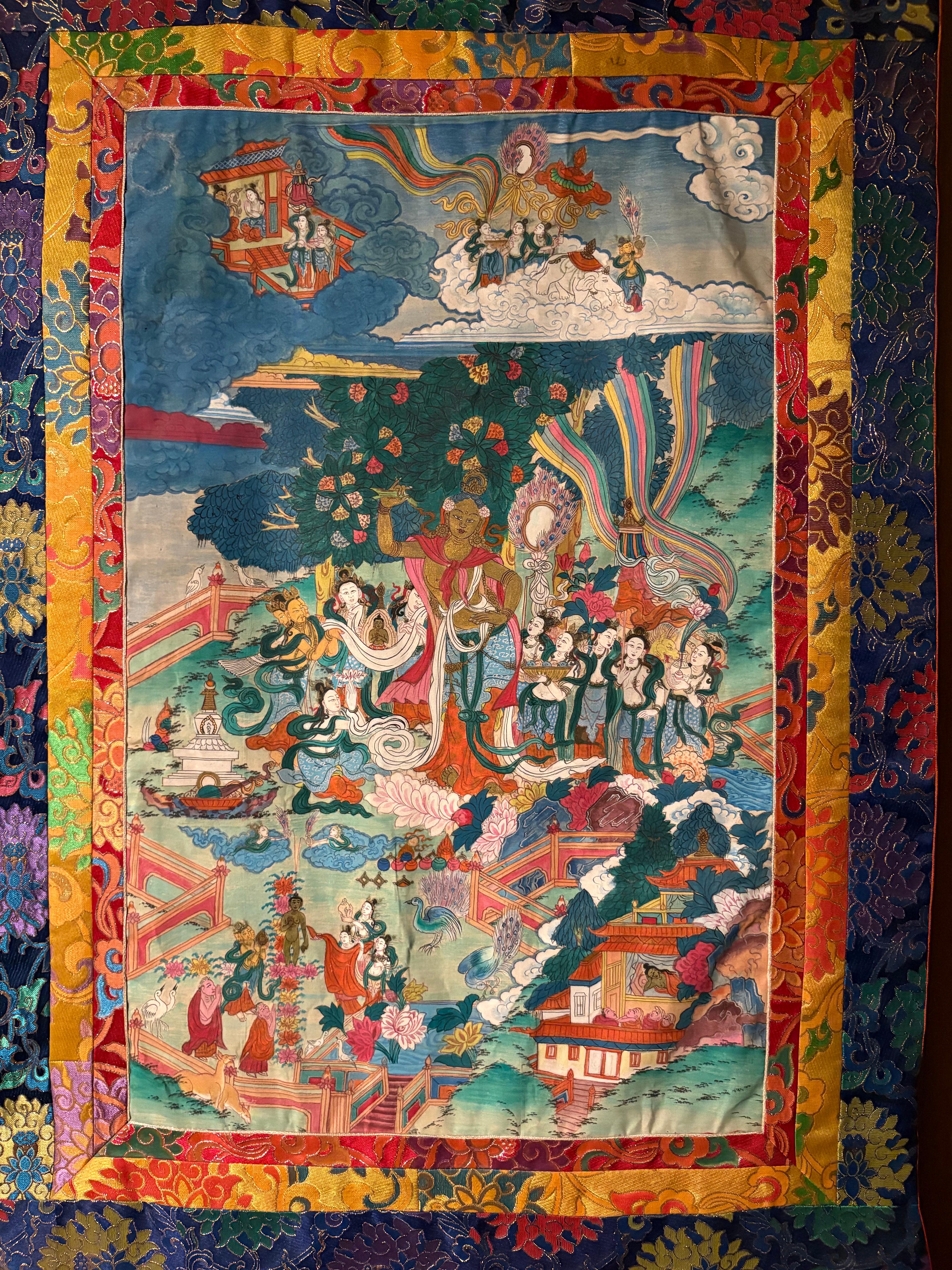 Hand Painted Mayadevi Thangka on Canvas with Brocade - Art by Unknown