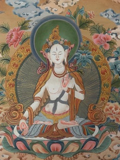 Unframed Hand Painted White Tara Thangka on Canvas with 24K Gold